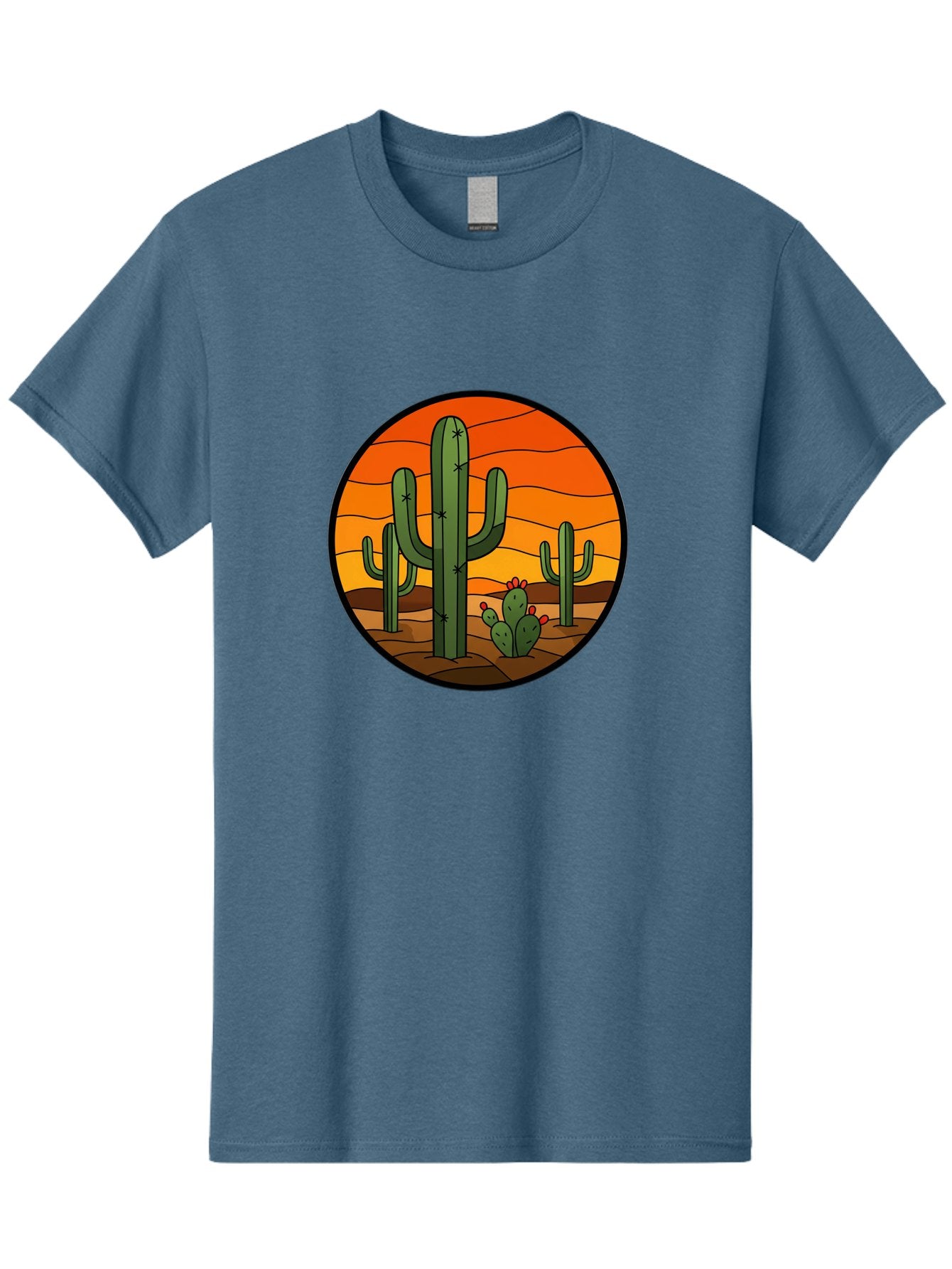 Desert-Cacti-At-Sunset Men'S Graphic Tee, 100% Cotton, Comfortable Casual Summer Wear, Machine Washable, Desert Landscape, Cacti, Saguaro Cactus, Sunset, Orange Sky, Warm Colors, Desert Scenery, Dry Terrain, Prickly Pear Cactus, Bac985 12