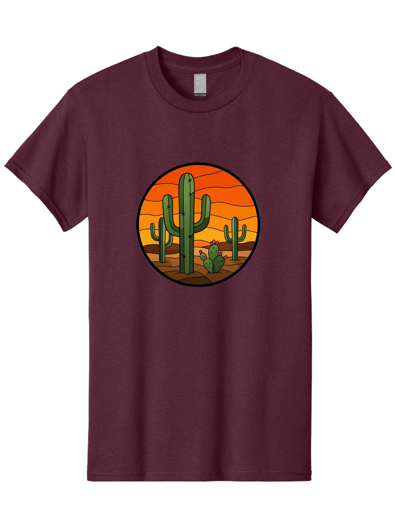 Desert-Cacti-At-Sunset Men'S Graphic Tee, 100% Cotton, Comfortable Casual Summer Wear, Machine Washable, Desert Landscape, Cacti, Saguaro Cactus, Sunset, Orange Sky, Warm Colors, Desert Scenery, Dry Terrain, Prickly Pear Cactus, Bac985 13