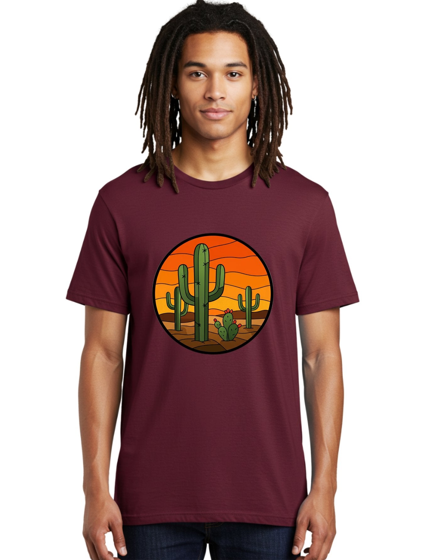 Desert-Cacti-At-Sunset Men'S Graphic Tee, 100% Cotton, Comfortable Casual Summer Wear, Machine Washable, Desert Landscape, Cacti, Saguaro Cactus, Sunset, Orange Sky, Warm Colors, Desert Scenery, Dry Terrain, Prickly Pear Cactus, Bac985 20