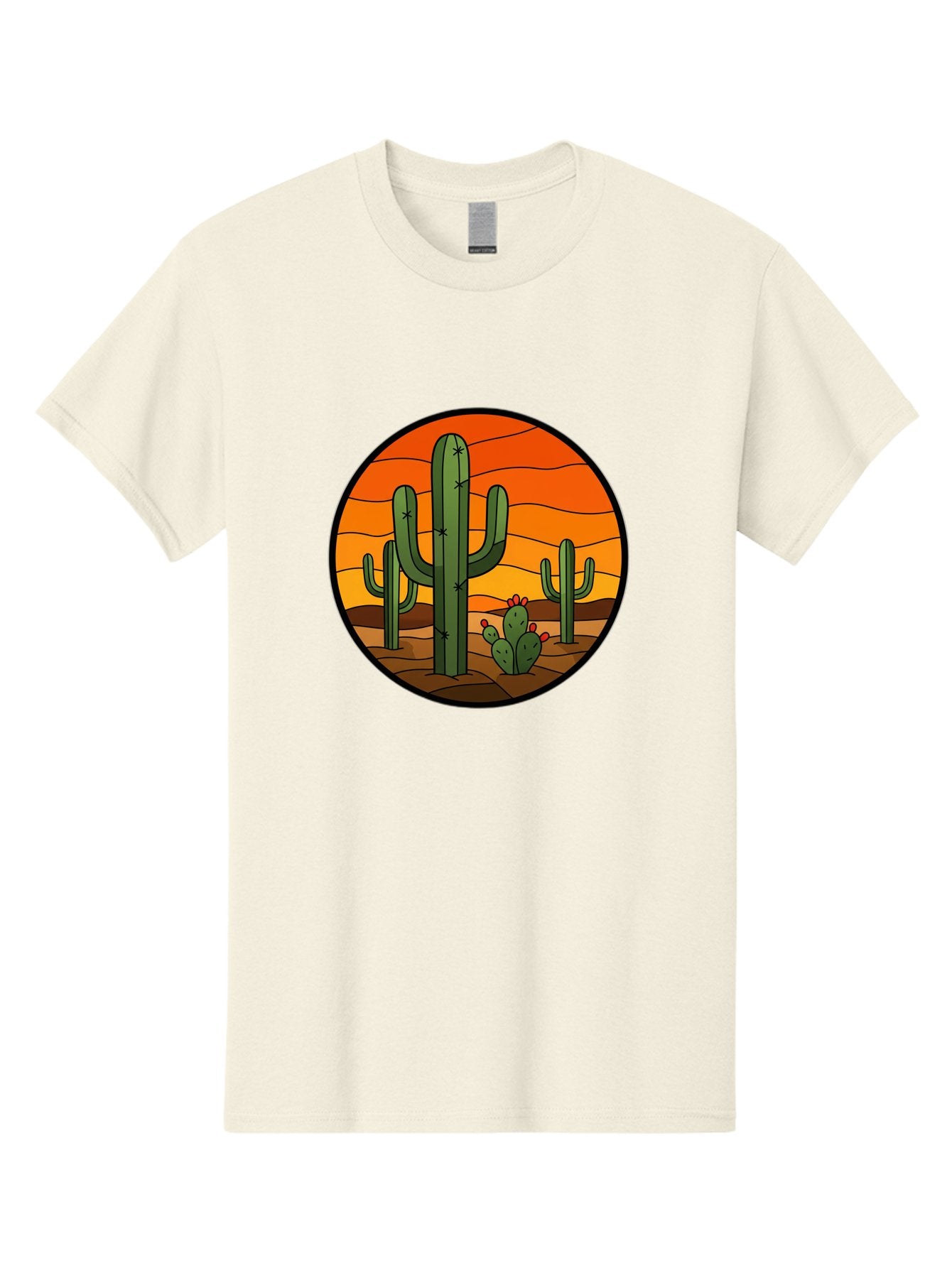 Desert-Cacti-At-Sunset Men'S Graphic Tee, 100% Cotton, Comfortable Casual Summer Wear, Machine Washable, Desert Landscape, Cacti, Saguaro Cactus, Sunset, Orange Sky, Warm Colors, Desert Scenery, Dry Terrain, Prickly Pear Cactus, Bac985 3