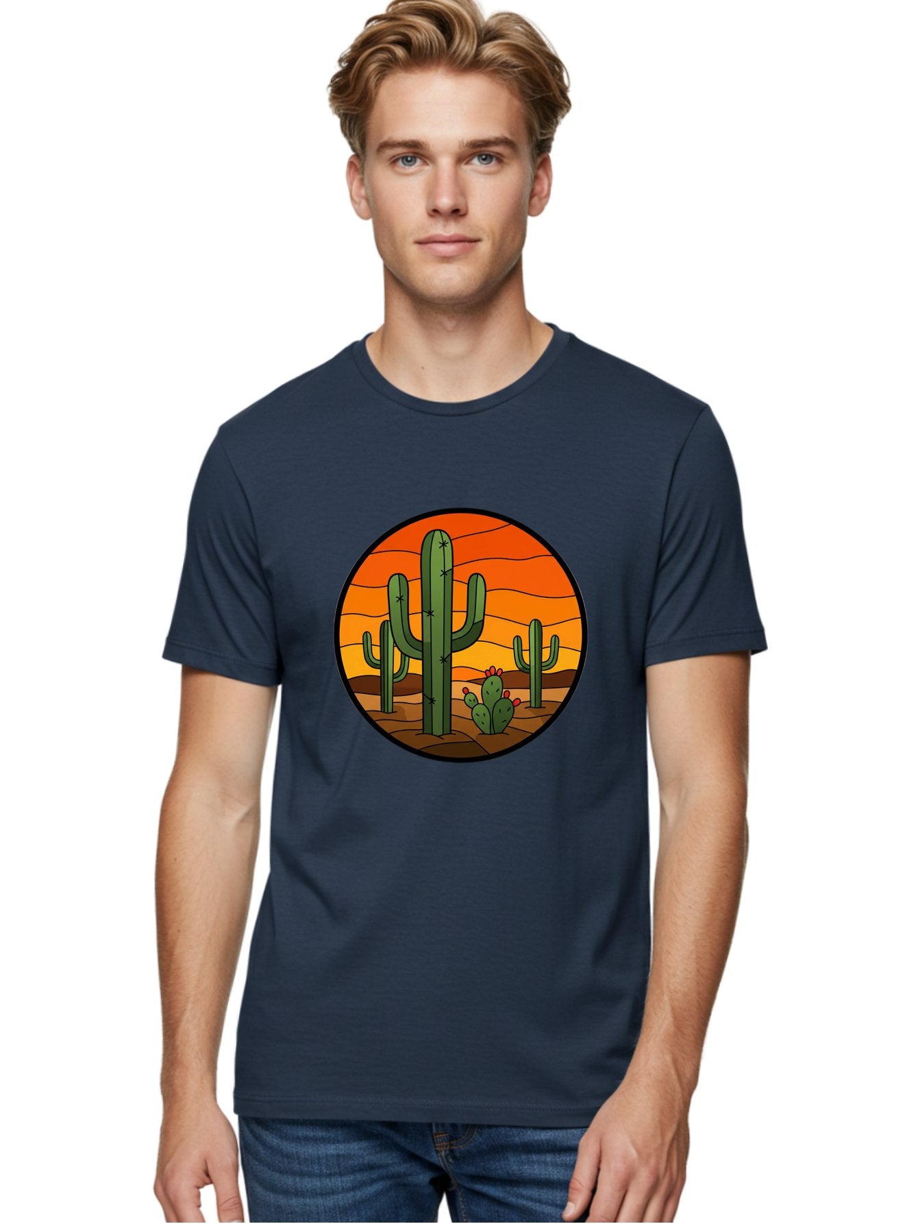 Desert-Cacti-At-Sunset Men'S Graphic Tee, 100% Cotton, Comfortable Casual Summer Wear, Machine Washable, Desert Landscape, Cacti, Saguaro Cactus, Sunset, Orange Sky, Warm Colors, Desert Scenery, Dry Terrain, Prickly Pear Cactus, Bac985 27