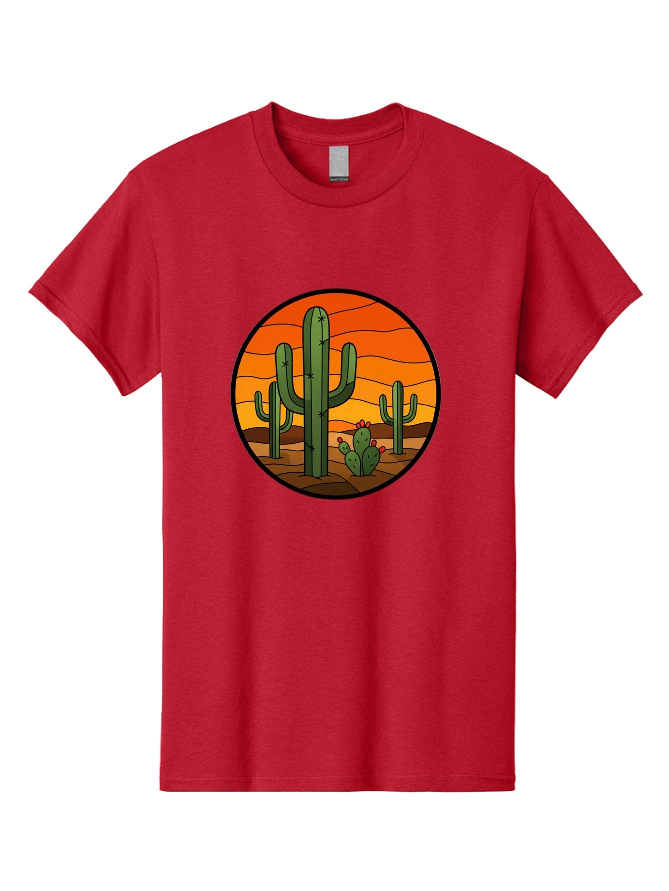 Desert-Cacti-At-Sunset Men'S Graphic Tee, 100% Cotton, Comfortable Casual Summer Wear, Machine Washable, Desert Landscape, Cacti, Saguaro Cactus, Sunset, Orange Sky, Warm Colors, Desert Scenery, Dry Terrain, Prickly Pear Cactus, Bac985