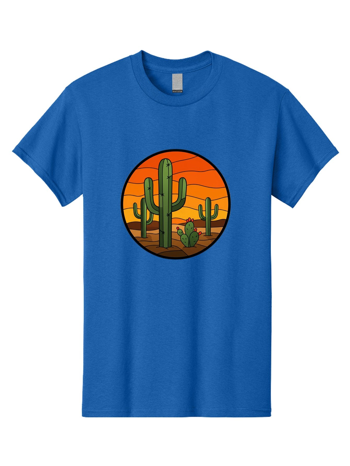 Desert-Cacti-At-Sunset Men'S Graphic Tee, 100% Cotton, Comfortable Casual Summer Wear, Machine Washable, Desert Landscape, Cacti, Saguaro Cactus, Sunset, Orange Sky, Warm Colors, Desert Scenery, Dry Terrain, Prickly Pear Cactus, Bac985 8