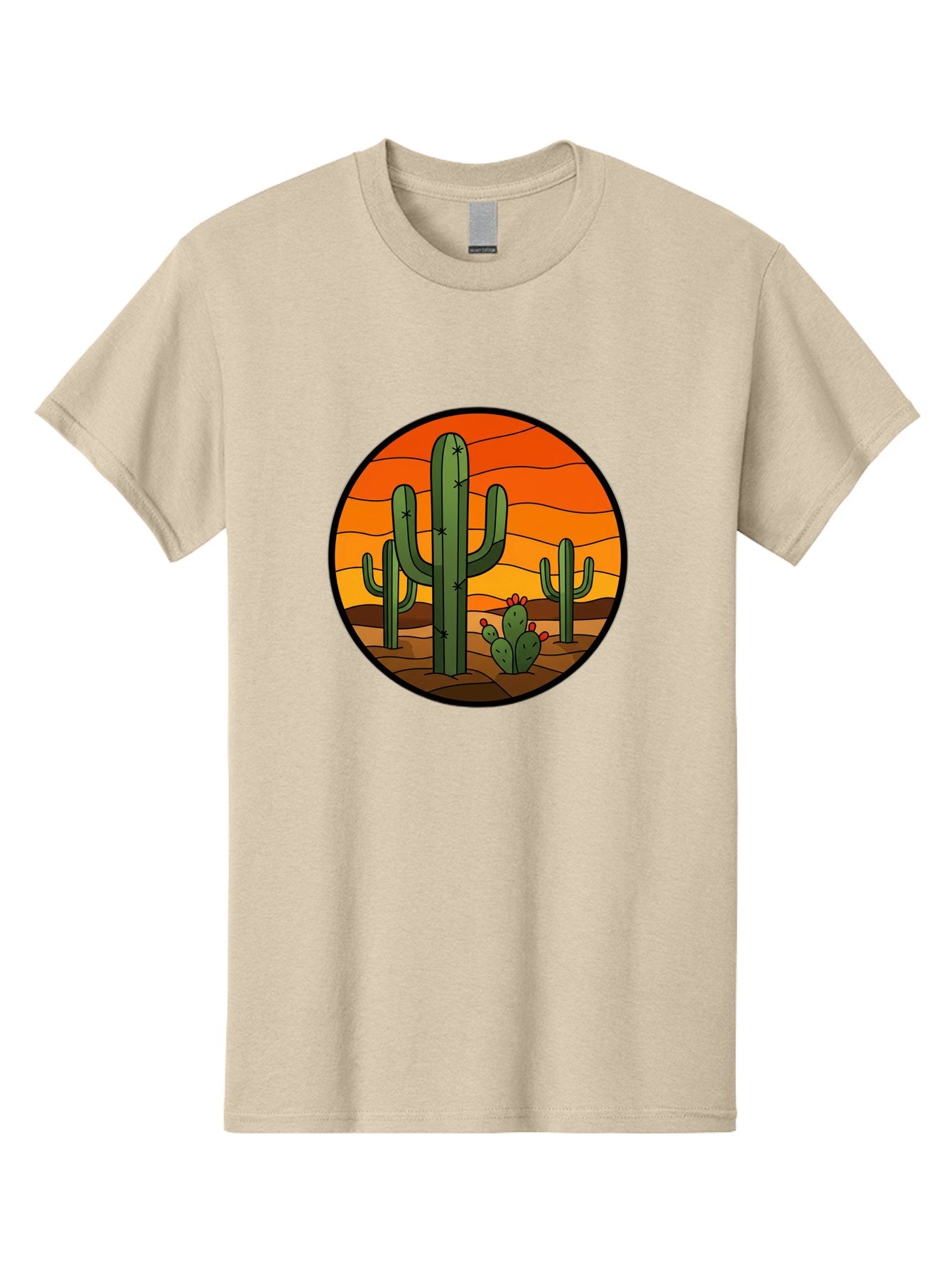 Desert-Cacti-At-Sunset Men'S Graphic Tee, 100% Cotton, Comfortable Casual Summer Wear, Machine Washable, Desert Landscape, Cacti, Saguaro Cactus, Sunset, Orange Sky, Warm Colors, Desert Scenery, Dry Terrain, Prickly Pear Cactus, Bac985 6
