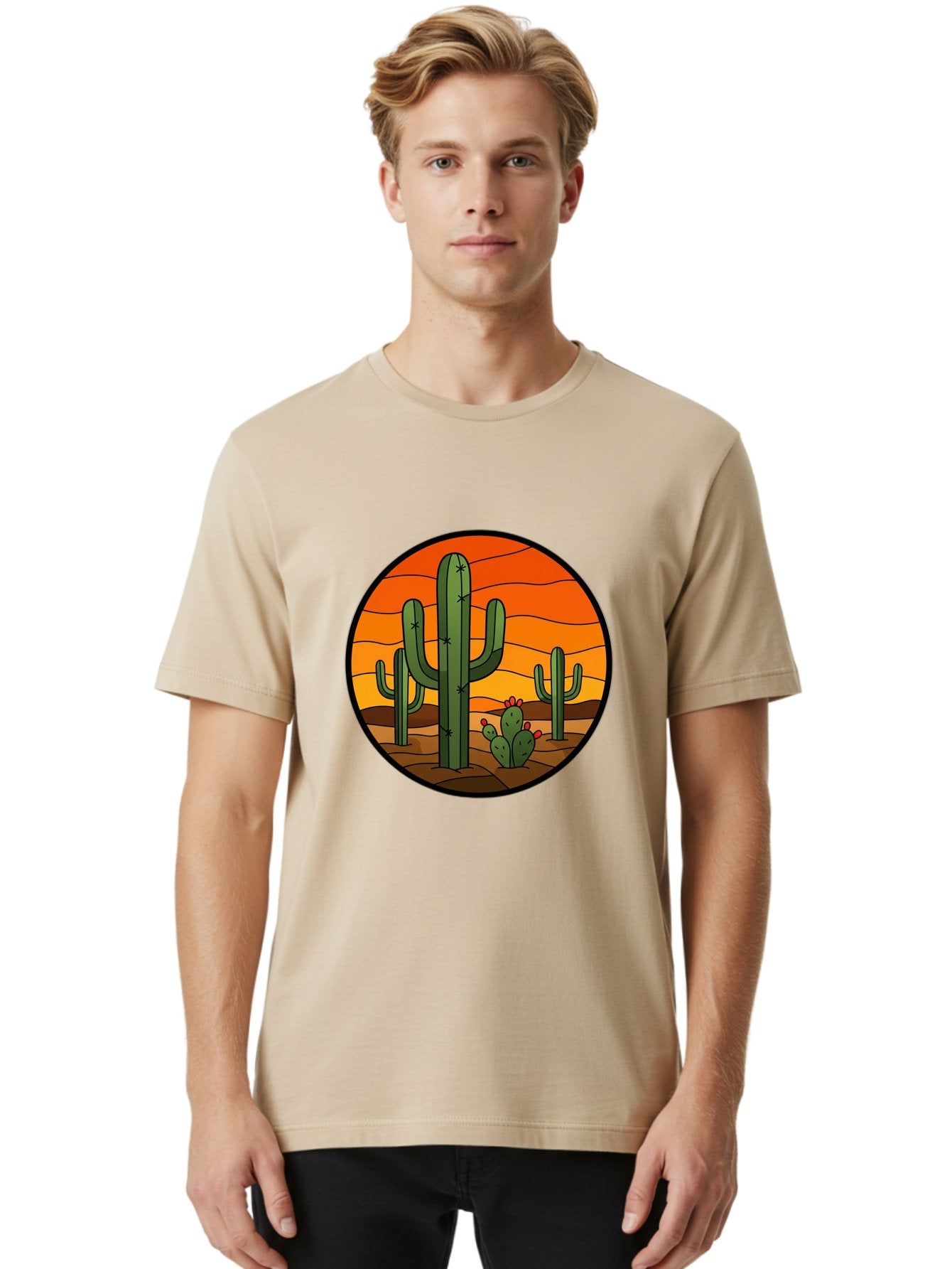 Desert-Cacti-At-Sunset Men'S Graphic Tee, 100% Cotton, Comfortable Casual Summer Wear, Machine Washable, Desert Landscape, Cacti, Saguaro Cactus, Sunset, Orange Sky, Warm Colors, Desert Scenery, Dry Terrain, Prickly Pear Cactus, Bac985 24