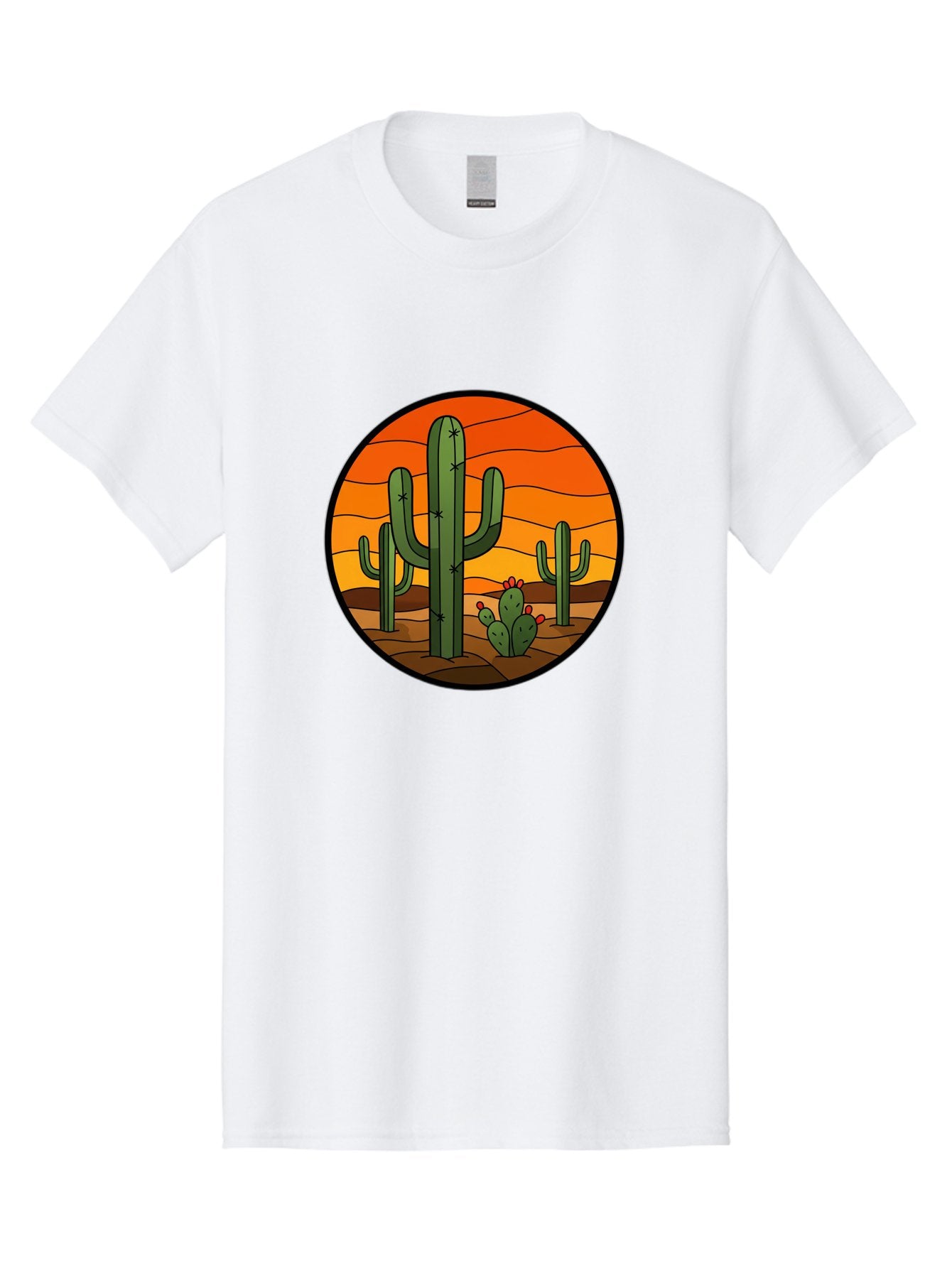 Desert-Cacti-At-Sunset Men'S Graphic Tee, 100% Cotton, Comfortable Casual Summer Wear, Machine Washable, Desert Landscape, Cacti, Saguaro Cactus, Sunset, Orange Sky, Warm Colors, Desert Scenery, Dry Terrain, Prickly Pear Cactus, Bac985 14