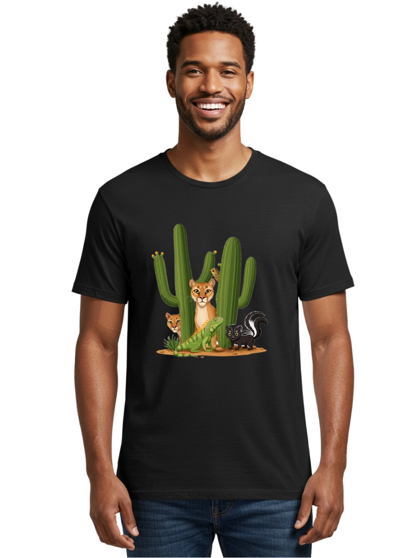 Desert-Fauna Men'S Graphic Tee, 100% Cotton, Comfortable Casual Summer Wear, Machine Washable, Cartoon Mountain Lion, Cactus, Kitten, Lizard, Skunk, Desert Animals, Wildlife, Cartoon Wildlife, Funny Animals, Desert Scenery, Cuddly Animals Bac986 23