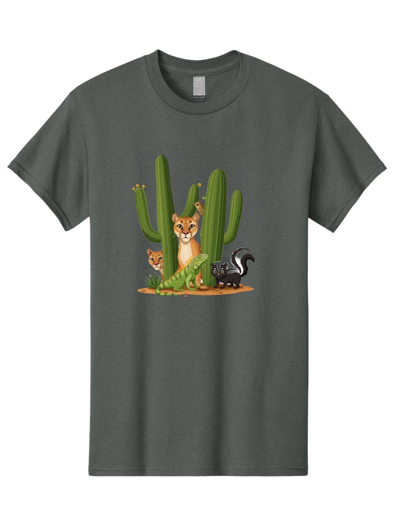 Desert-Fauna Men'S Graphic Tee, 100% Cotton, Comfortable Casual Summer Wear, Machine Washable, Cartoon Mountain Lion, Cactus, Kitten, Lizard, Skunk, Desert Animals, Wildlife, Cartoon Wildlife, Funny Animals, Desert Scenery, Cuddly Animals Bac986