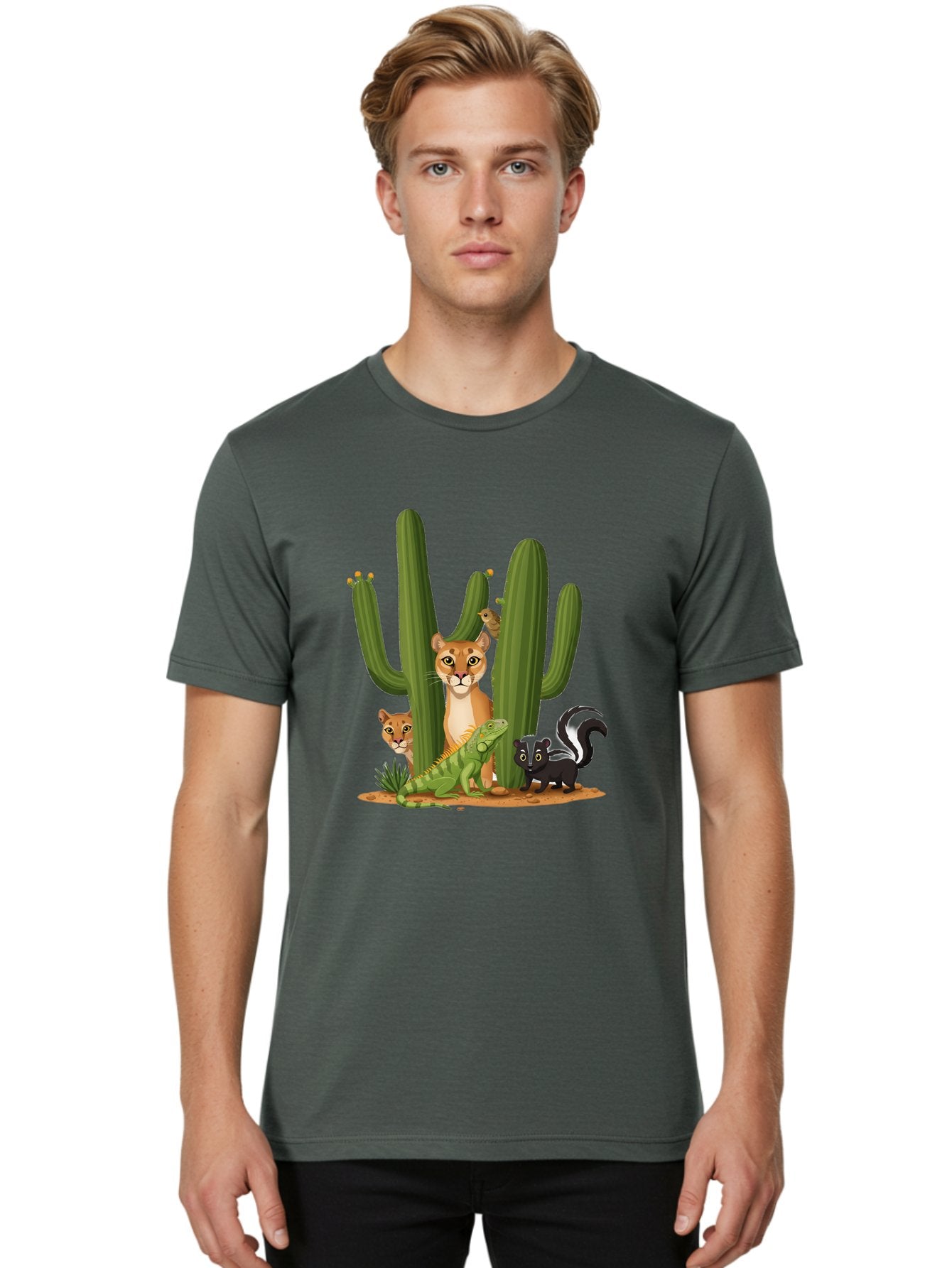 Desert-Fauna Men'S Graphic Tee, 100% Cotton, Comfortable Casual Summer Wear, Machine Washable, Cartoon Mountain Lion, Cactus, Kitten, Lizard, Skunk, Desert Animals, Wildlife, Cartoon Wildlife, Funny Animals, Desert Scenery, Cuddly Animals Bac986 19