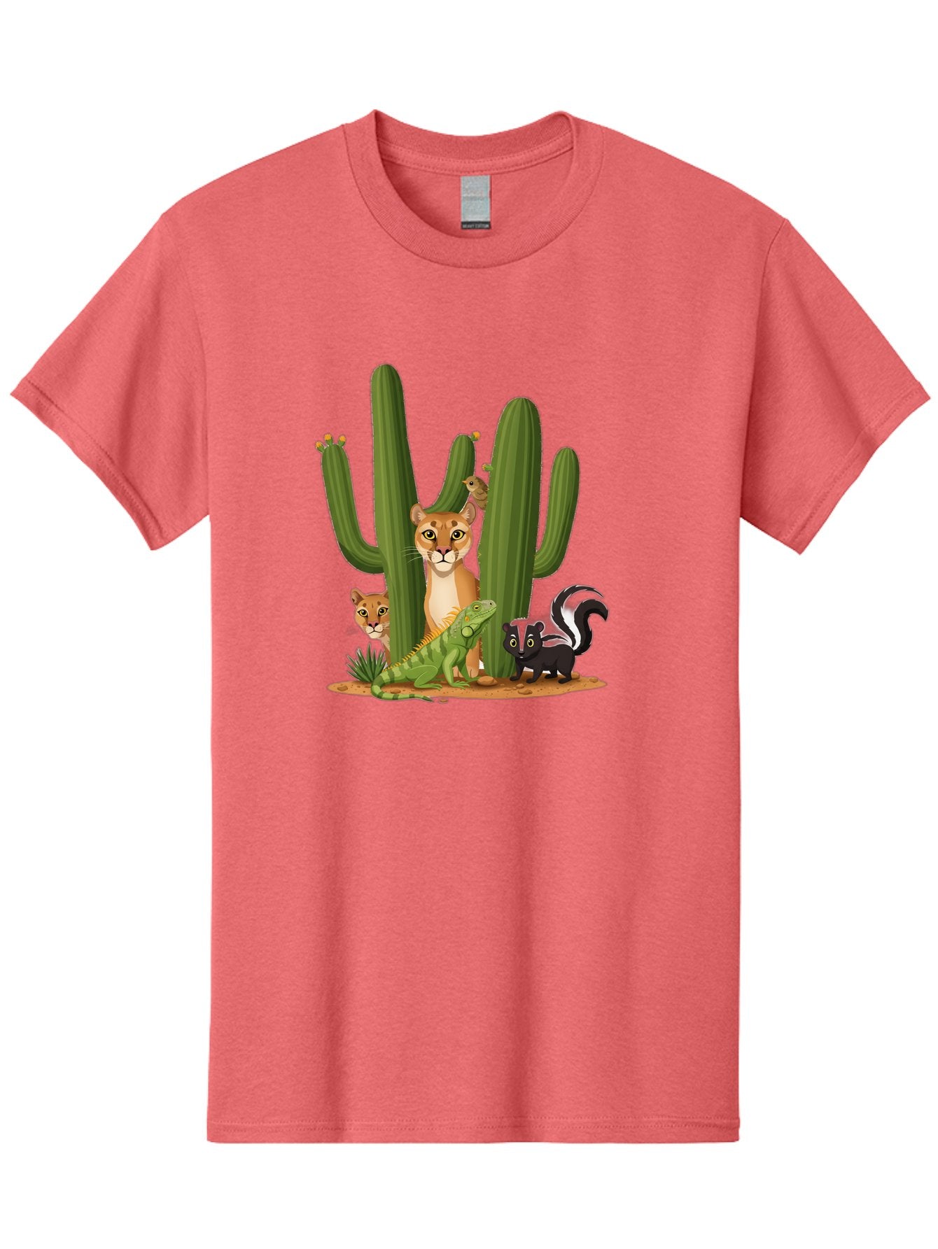 Desert-Fauna Men'S Graphic Tee, 100% Cotton, Comfortable Casual Summer Wear, Machine Washable, Cartoon Mountain Lion, Cactus, Kitten, Lizard, Skunk, Desert Animals, Wildlife, Cartoon Wildlife, Funny Animals, Desert Scenery, Cuddly Animals Bac986 8