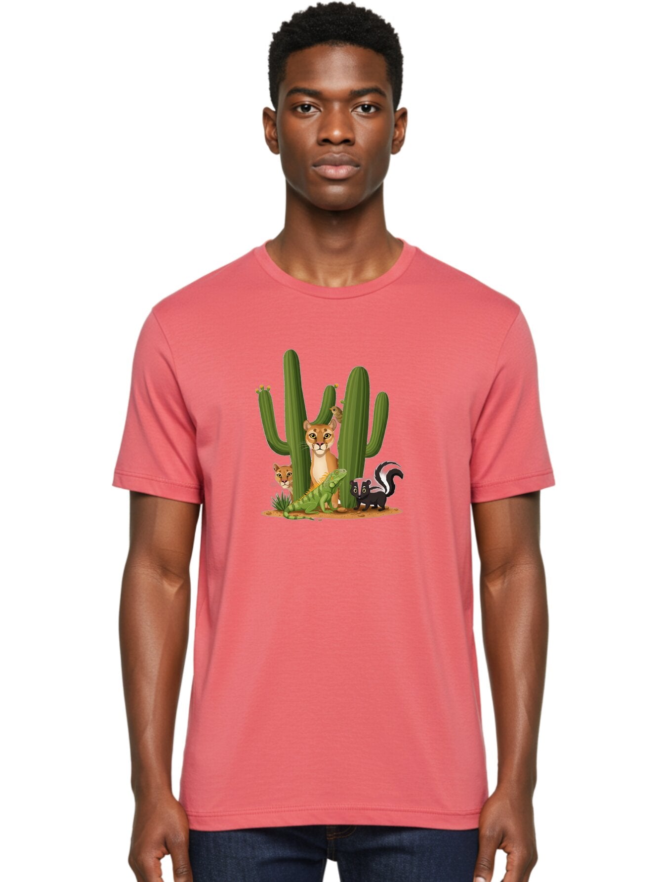 Desert-Fauna Men'S Graphic Tee, 100% Cotton, Comfortable Casual Summer Wear, Machine Washable, Cartoon Mountain Lion, Cactus, Kitten, Lizard, Skunk, Desert Animals, Wildlife, Cartoon Wildlife, Funny Animals, Desert Scenery, Cuddly Animals Bac986 25