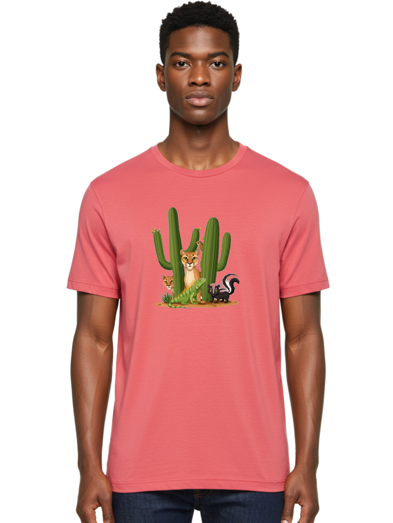 Desert-Fauna Men'S Graphic Tee, 100% Cotton, Comfortable Casual Summer Wear, Machine Washable, Cartoon Mountain Lion, Cactus, Kitten, Lizard, Skunk, Desert Animals, Wildlife, Cartoon Wildlife, Funny Animals, Desert Scenery, Cuddly Animals Bac986 21