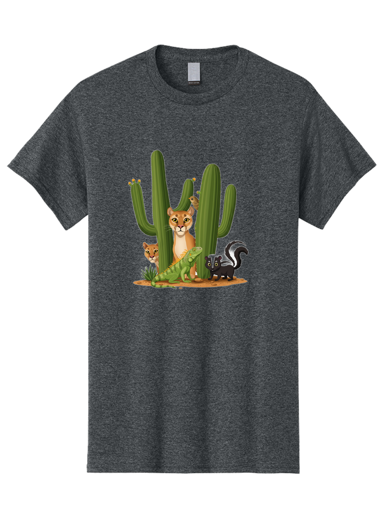 Desert-Fauna Men'S Graphic Tee, 100% Cotton, Comfortable Casual Summer Wear, Machine Washable, Cartoon Mountain Lion, Cactus, Kitten, Lizard, Skunk, Desert Animals, Wildlife, Cartoon Wildlife, Funny Animals, Desert Scenery, Cuddly Animals Bac986