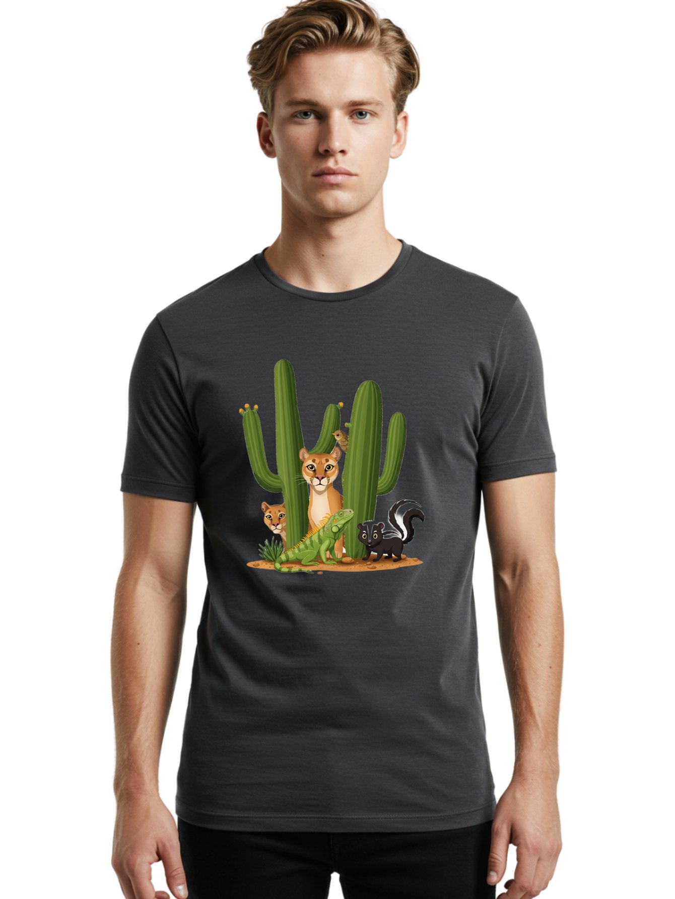 Desert-Fauna Men'S Graphic Tee, 100% Cotton, Comfortable Casual Summer Wear, Machine Washable, Cartoon Mountain Lion, Cactus, Kitten, Lizard, Skunk, Desert Animals, Wildlife, Cartoon Wildlife, Funny Animals, Desert Scenery, Cuddly Animals Bac986 30