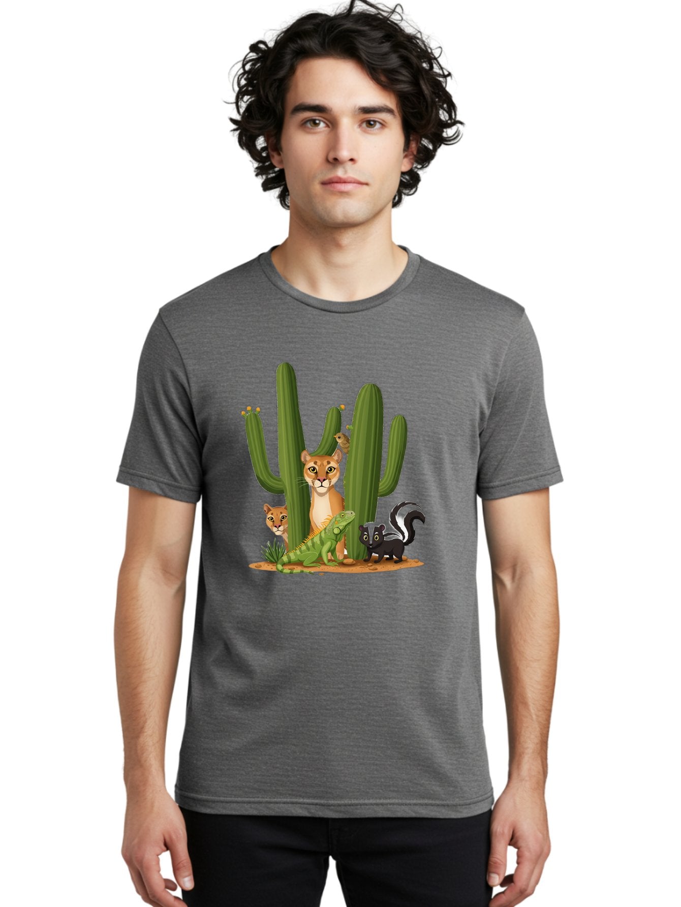 Desert-Fauna Men'S Graphic Tee, 100% Cotton, Comfortable Casual Summer Wear, Machine Washable, Cartoon Mountain Lion, Cactus, Kitten, Lizard, Skunk, Desert Animals, Wildlife, Cartoon Wildlife, Funny Animals, Desert Scenery, Cuddly Animals Bac986 21