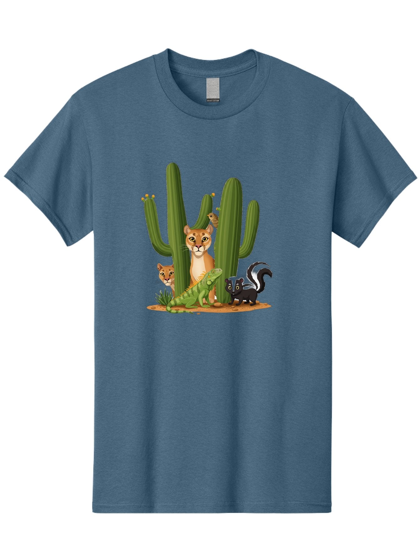 Desert-Fauna Men'S Graphic Tee, 100% Cotton, Comfortable Casual Summer Wear, Machine Washable, Cartoon Mountain Lion, Cactus, Kitten, Lizard, Skunk, Desert Animals, Wildlife, Cartoon Wildlife, Funny Animals, Desert Scenery, Cuddly Animals Bac986 14