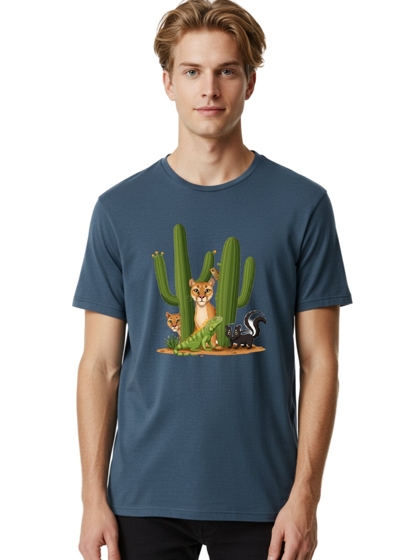 Desert-Fauna Men'S Graphic Tee, 100% Cotton, Comfortable Casual Summer Wear, Machine Washable, Cartoon Mountain Lion, Cactus, Kitten, Lizard, Skunk, Desert Animals, Wildlife, Cartoon Wildlife, Funny Animals, Desert Scenery, Cuddly Animals Bac986 29