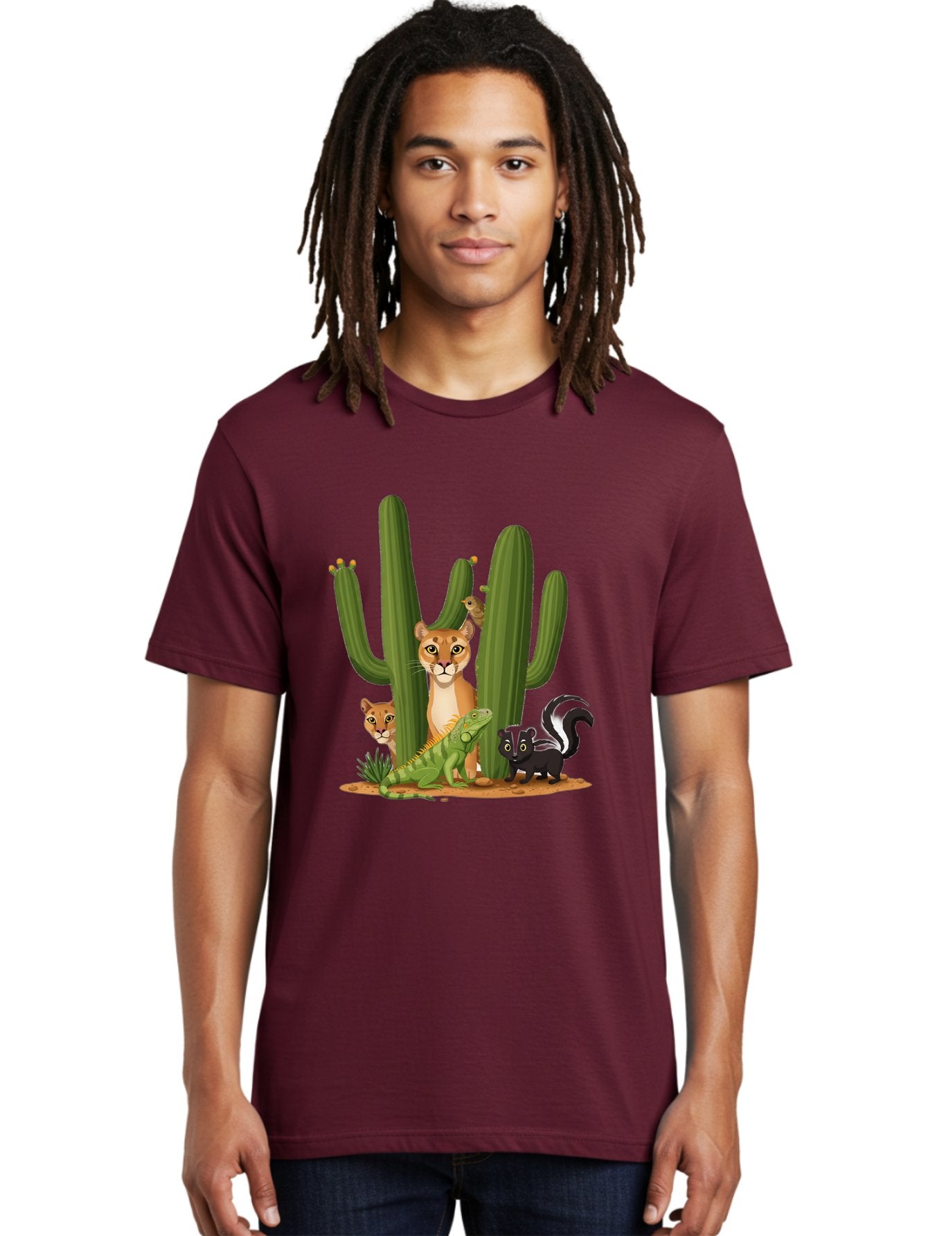 Desert-Fauna Men'S Graphic Tee, 100% Cotton, Comfortable Casual Summer Wear, Machine Washable, Cartoon Mountain Lion, Cactus, Kitten, Lizard, Skunk, Desert Animals, Wildlife, Cartoon Wildlife, Funny Animals, Desert Scenery, Cuddly Animals Bac986 26