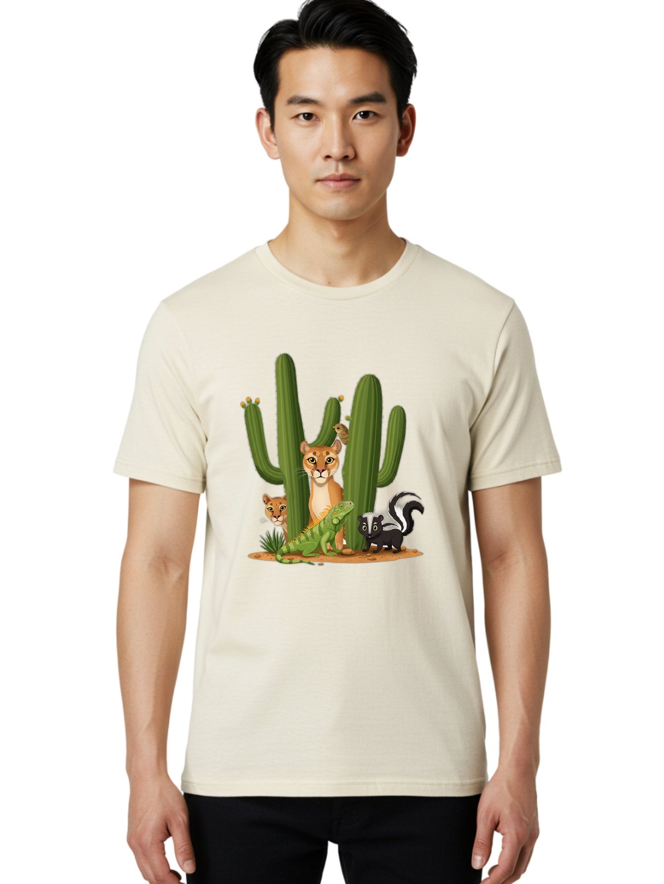Desert-Fauna Men'S Graphic Tee, 100% Cotton, Comfortable Casual Summer Wear, Machine Washable, Cartoon Mountain Lion, Cactus, Kitten, Lizard, Skunk, Desert Animals, Wildlife, Cartoon Wildlife, Funny Animals, Desert Scenery, Cuddly Animals Bac986 24