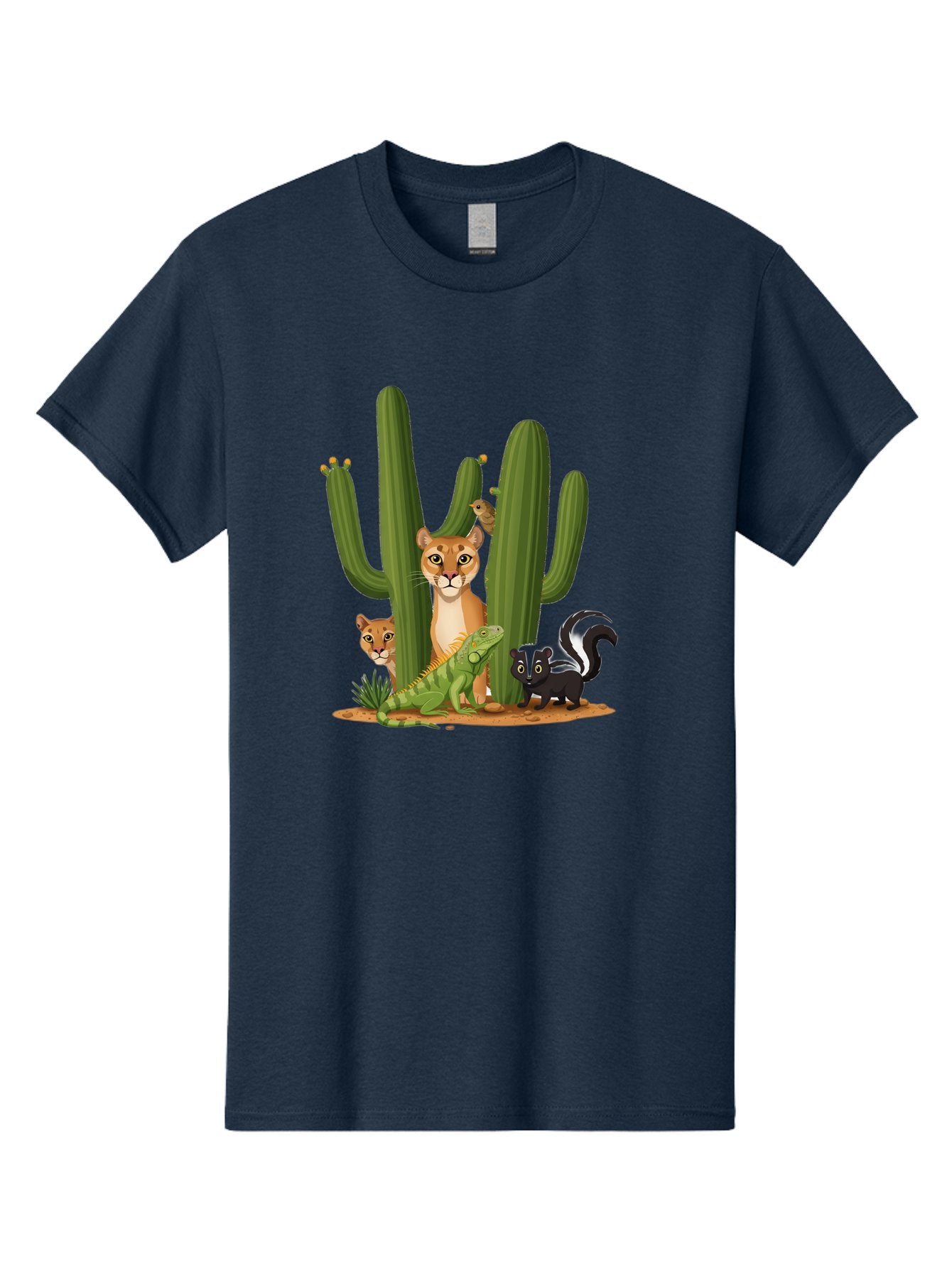 Desert-Fauna Men'S Graphic Tee, 100% Cotton, Comfortable Casual Summer Wear, Machine Washable, Cartoon Mountain Lion, Cactus, Kitten, Lizard, Skunk, Desert Animals, Wildlife, Cartoon Wildlife, Funny Animals, Desert Scenery, Cuddly Animals Bac986 11