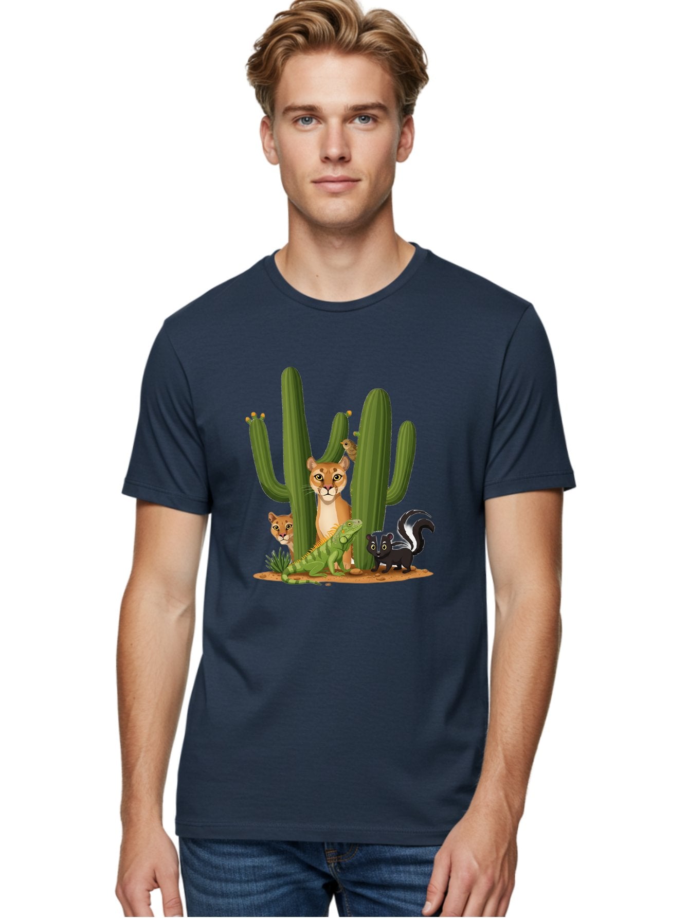 Desert-Fauna Men'S Graphic Tee, 100% Cotton, Comfortable Casual Summer Wear, Machine Washable, Cartoon Mountain Lion, Cactus, Kitten, Lizard, Skunk, Desert Animals, Wildlife, Cartoon Wildlife, Funny Animals, Desert Scenery, Cuddly Animals Bac986 27