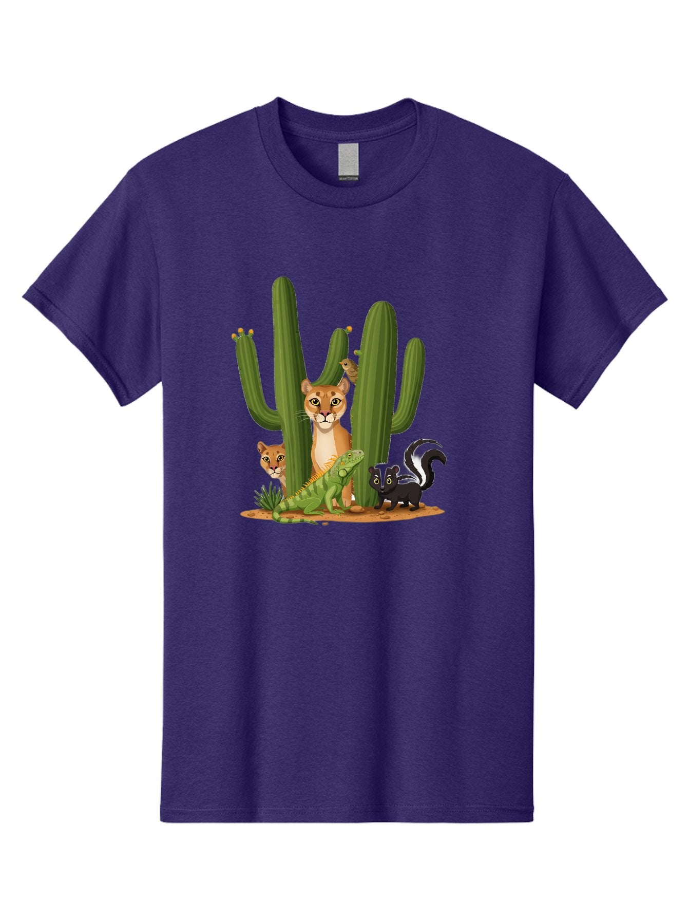 Desert-Fauna Men'S Graphic Tee, 100% Cotton, Comfortable Casual Summer Wear, Machine Washable, Cartoon Mountain Lion, Cactus, Kitten, Lizard, Skunk, Desert Animals, Wildlife, Cartoon Wildlife, Funny Animals, Desert Scenery, Cuddly Animals Bac986 4