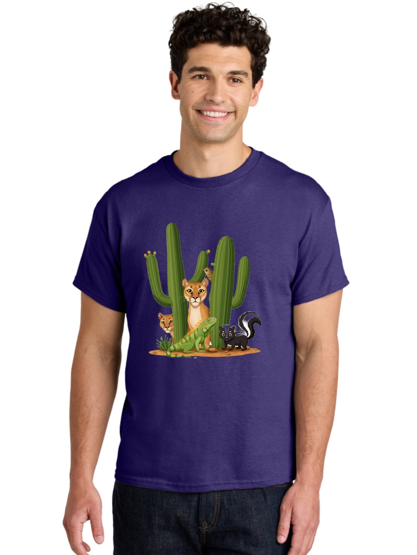 Desert-Fauna Men'S Graphic Tee, 100% Cotton, Comfortable Casual Summer Wear, Machine Washable, Cartoon Mountain Lion, Cactus, Kitten, Lizard, Skunk, Desert Animals, Wildlife, Cartoon Wildlife, Funny Animals, Desert Scenery, Cuddly Animals Bac986 18