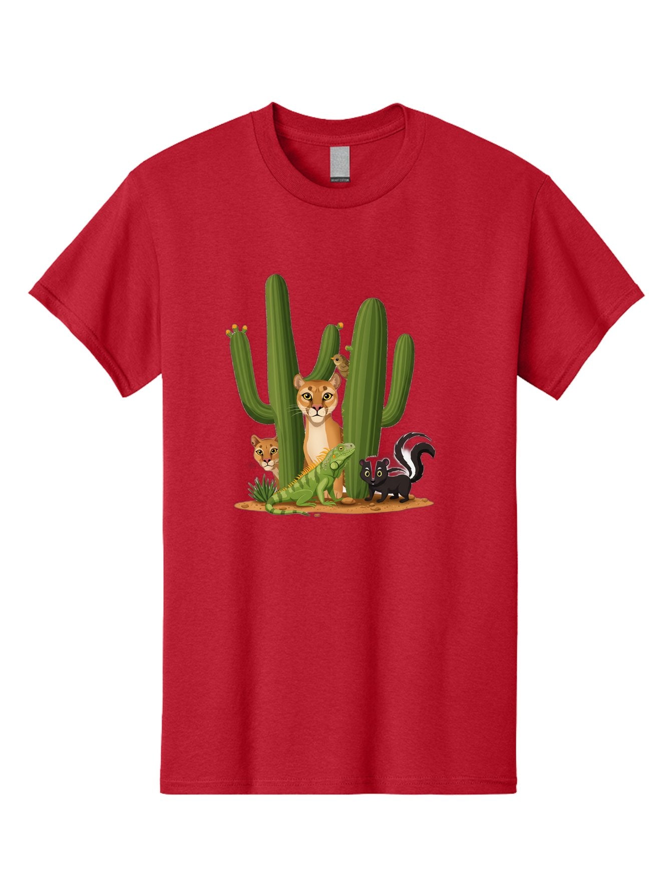 Desert-Fauna Men'S Graphic Tee, 100% Cotton, Comfortable Casual Summer Wear, Machine Washable, Cartoon Mountain Lion, Cactus, Kitten, Lizard, Skunk, Desert Animals, Wildlife, Cartoon Wildlife, Funny Animals, Desert Scenery, Cuddly Animals Bac986 7