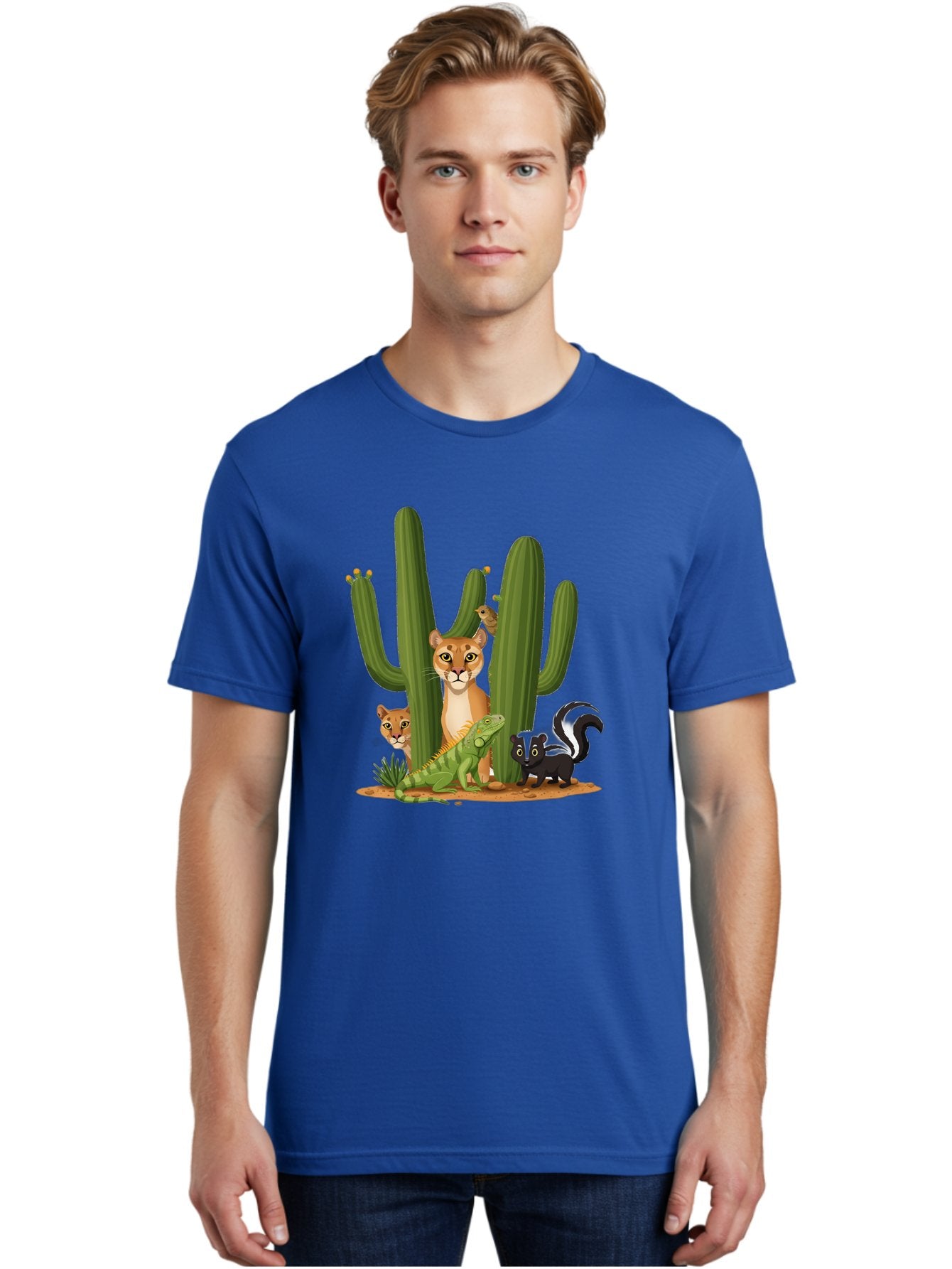 Desert-Fauna Men'S Graphic Tee, 100% Cotton, Comfortable Casual Summer Wear, Machine Washable, Cartoon Mountain Lion, Cactus, Kitten, Lizard, Skunk, Desert Animals, Wildlife, Cartoon Wildlife, Funny Animals, Desert Scenery, Cuddly Animals Bac986 17