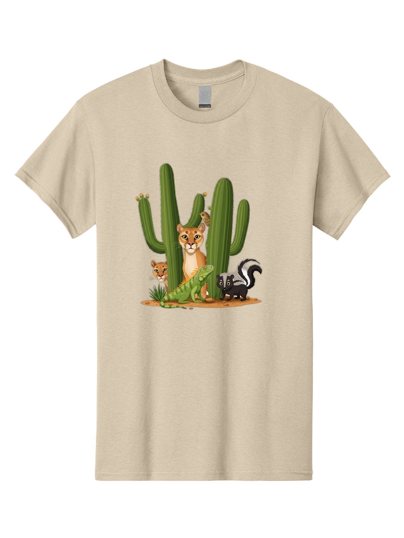 Desert-Fauna Men'S Graphic Tee, 100% Cotton, Comfortable Casual Summer Wear, Machine Washable, Cartoon Mountain Lion, Cactus, Kitten, Lizard, Skunk, Desert Animals, Wildlife, Cartoon Wildlife, Funny Animals, Desert Scenery, Cuddly Animals Bac986 13
