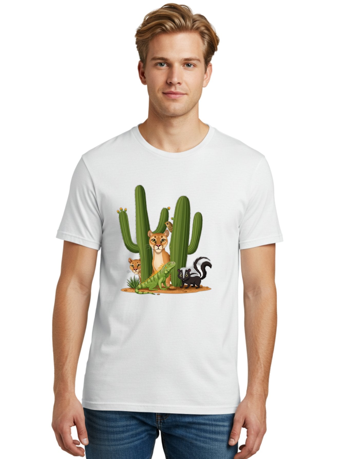 Desert-Fauna Men'S Graphic Tee, 100% Cotton, Comfortable Casual Summer Wear, Machine Washable, Cartoon Mountain Lion, Cactus, Kitten, Lizard, Skunk, Desert Animals, Wildlife, Cartoon Wildlife, Funny Animals, Desert Scenery, Cuddly Animals Bac986 22