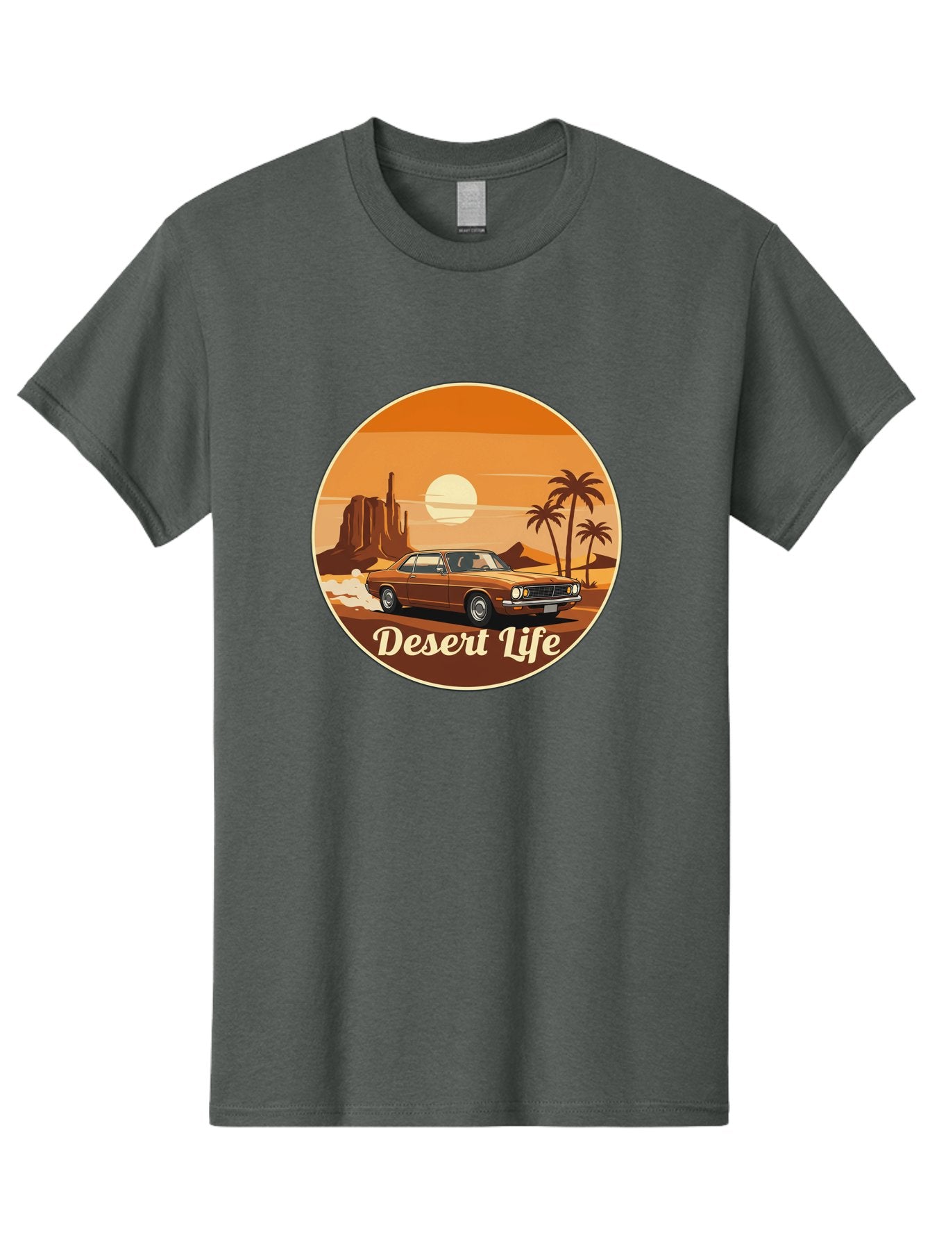 Desert-Life-1 Men'S Graphic Tee, 100% Cotton, Comfortable Casual Summer Wear, Machine Washable, Vintage Car, Desert Landscape, Rocky Formation, Palm Trees, Sunset, Orange Hues, Classic Automobile, Adventure, Travel, Freedom, Nostalgia, Bac987 4