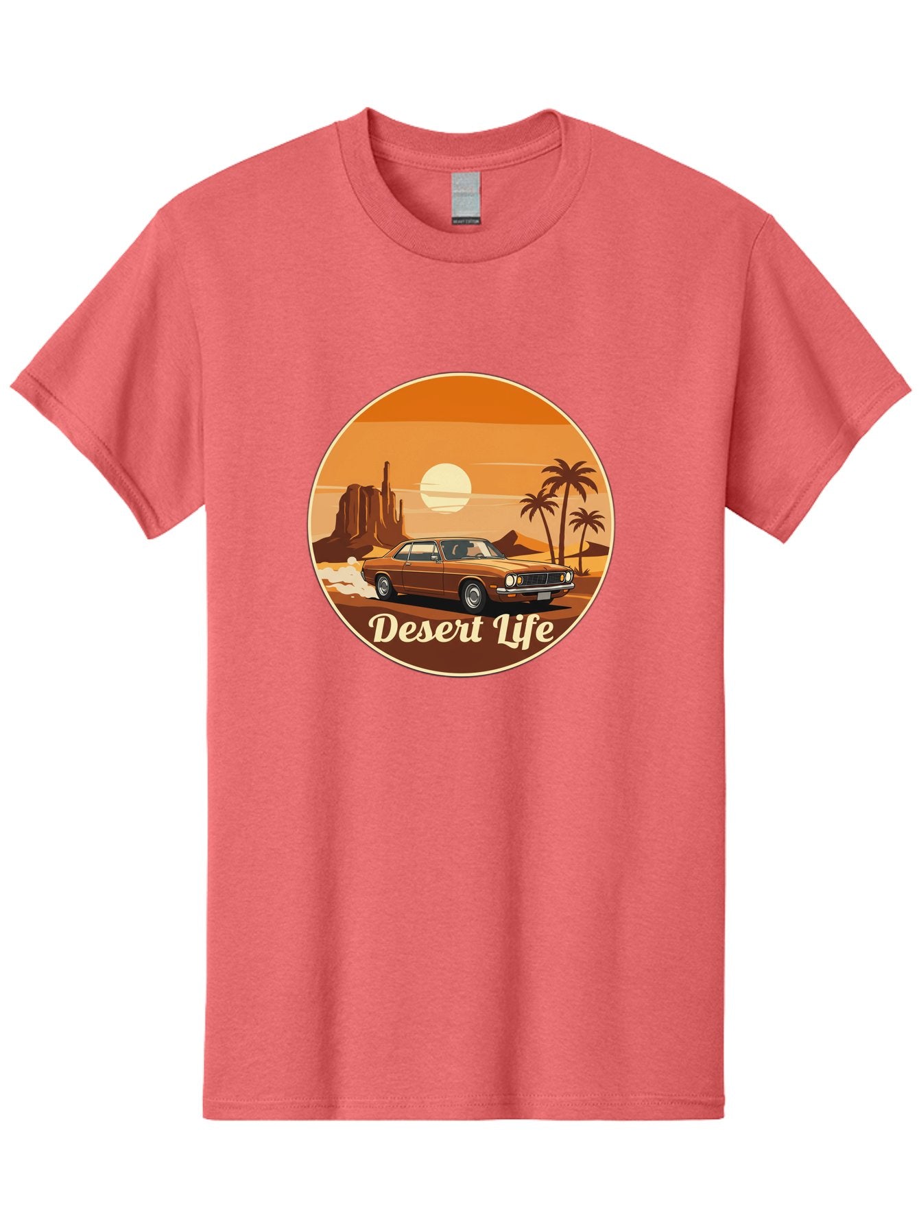 Desert-Life-1 Men'S Graphic Tee, 100% Cotton, Comfortable Casual Summer Wear, Machine Washable, Vintage Car, Desert Landscape, Rocky Formation, Palm Trees, Sunset, Orange Hues, Classic Automobile, Adventure, Travel, Freedom, Nostalgia, Bac987 5