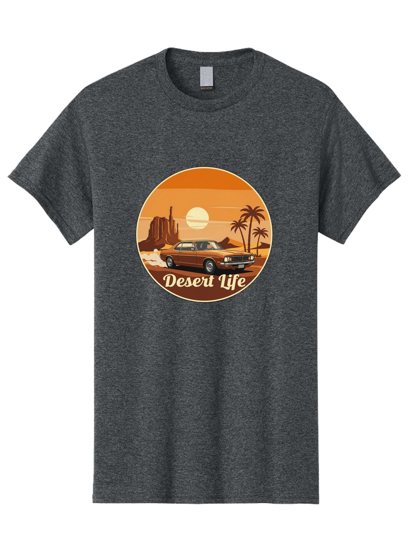 Desert-Life-1 Men'S Graphic Tee, 100% Cotton, Comfortable Casual Summer Wear, Machine Washable, Vintage Car, Desert Landscape, Rocky Formation, Palm Trees, Sunset, Orange Hues, Classic Automobile, Adventure, Travel, Freedom, Nostalgia, Bac987 9