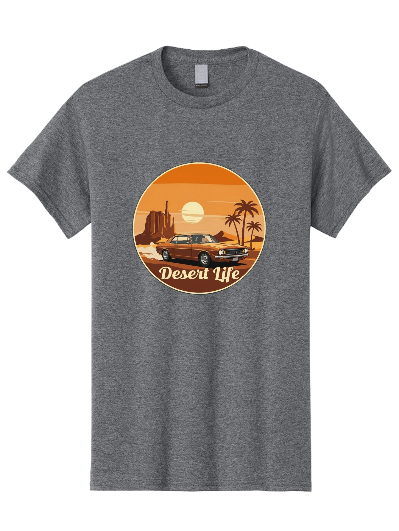 Desert-Life-1 Men'S Graphic Tee, 100% Cotton, Comfortable Casual Summer Wear, Machine Washable, Vintage Car, Desert Landscape, Rocky Formation, Palm Trees, Sunset, Orange Hues, Classic Automobile, Adventure, Travel, Freedom, Nostalgia, Bac987 7