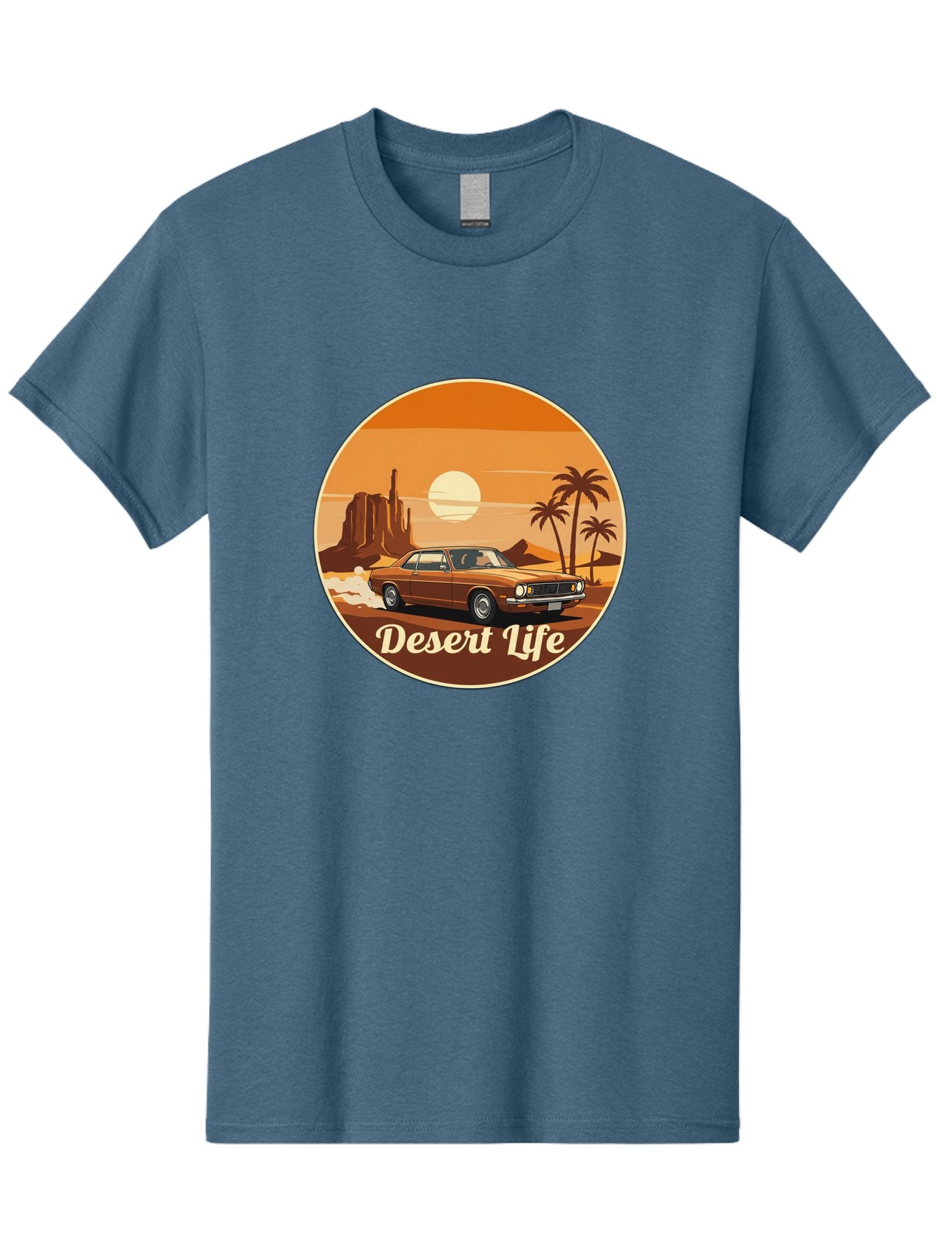 Desert-Life-1 Men'S Graphic Tee, 100% Cotton, Comfortable Casual Summer Wear, Machine Washable, Vintage Car, Desert Landscape, Rocky Formation, Palm Trees, Sunset, Orange Hues, Classic Automobile, Adventure, Travel, Freedom, Nostalgia, Bac987 10
