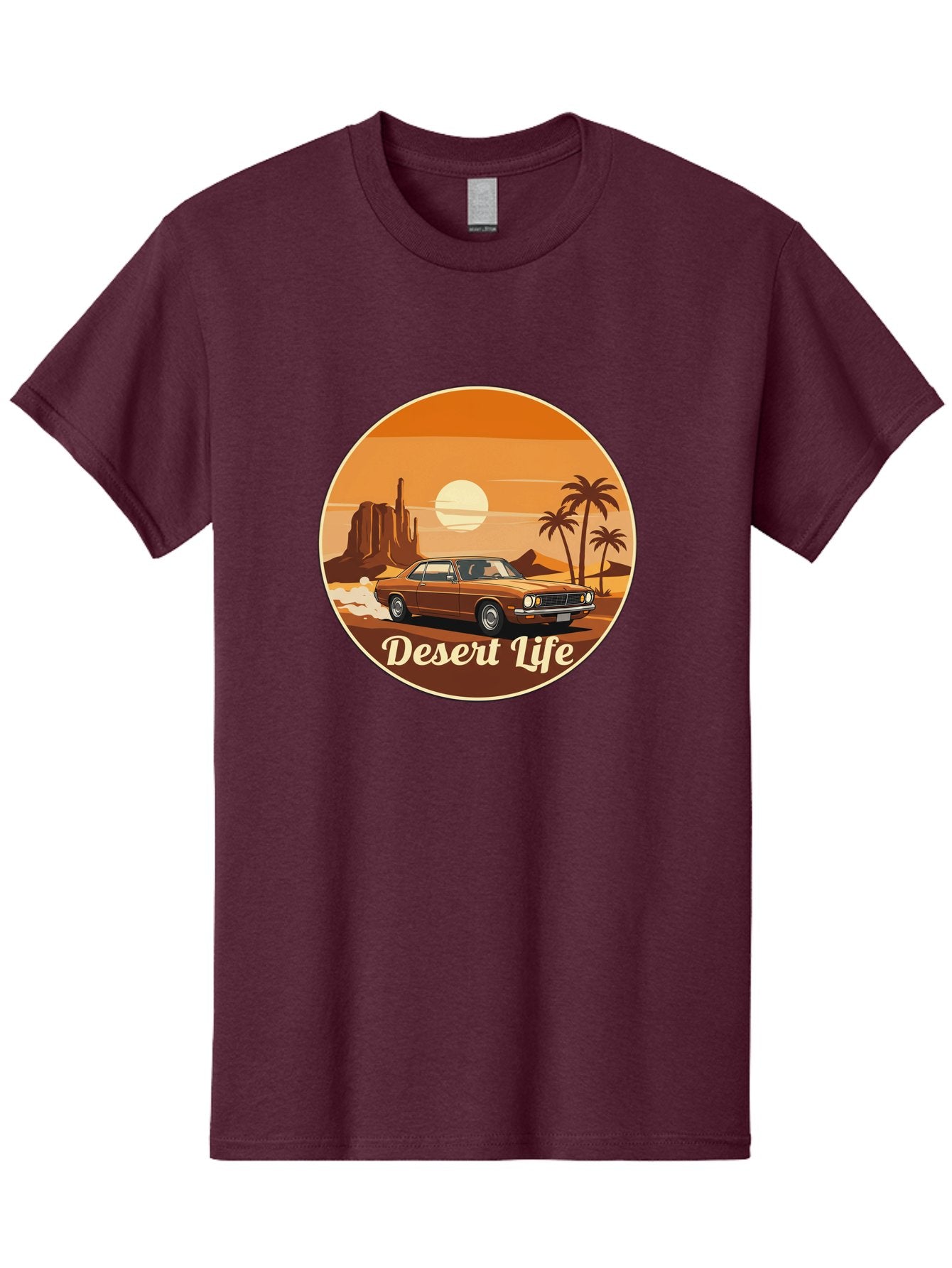 Desert-Life-1 Men'S Graphic Tee, 100% Cotton, Comfortable Casual Summer Wear, Machine Washable, Vintage Car, Desert Landscape, Rocky Formation, Palm Trees, Sunset, Orange Hues, Classic Automobile, Adventure, Travel, Freedom, Nostalgia, Bac987 3