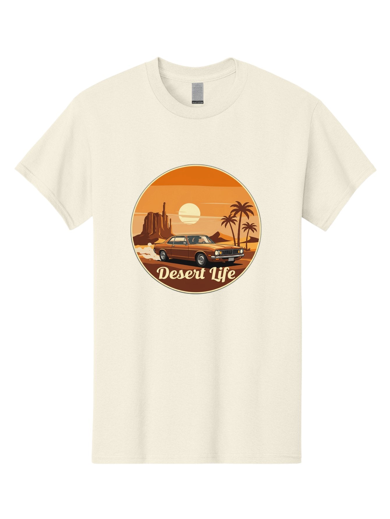 Desert-Life-1 Men'S Graphic Tee, 100% Cotton, Comfortable Casual Summer Wear, Machine Washable, Vintage Car, Desert Landscape, Rocky Formation, Palm Trees, Sunset, Orange Hues, Classic Automobile, Adventure, Travel, Freedom, Nostalgia, Bac987 11