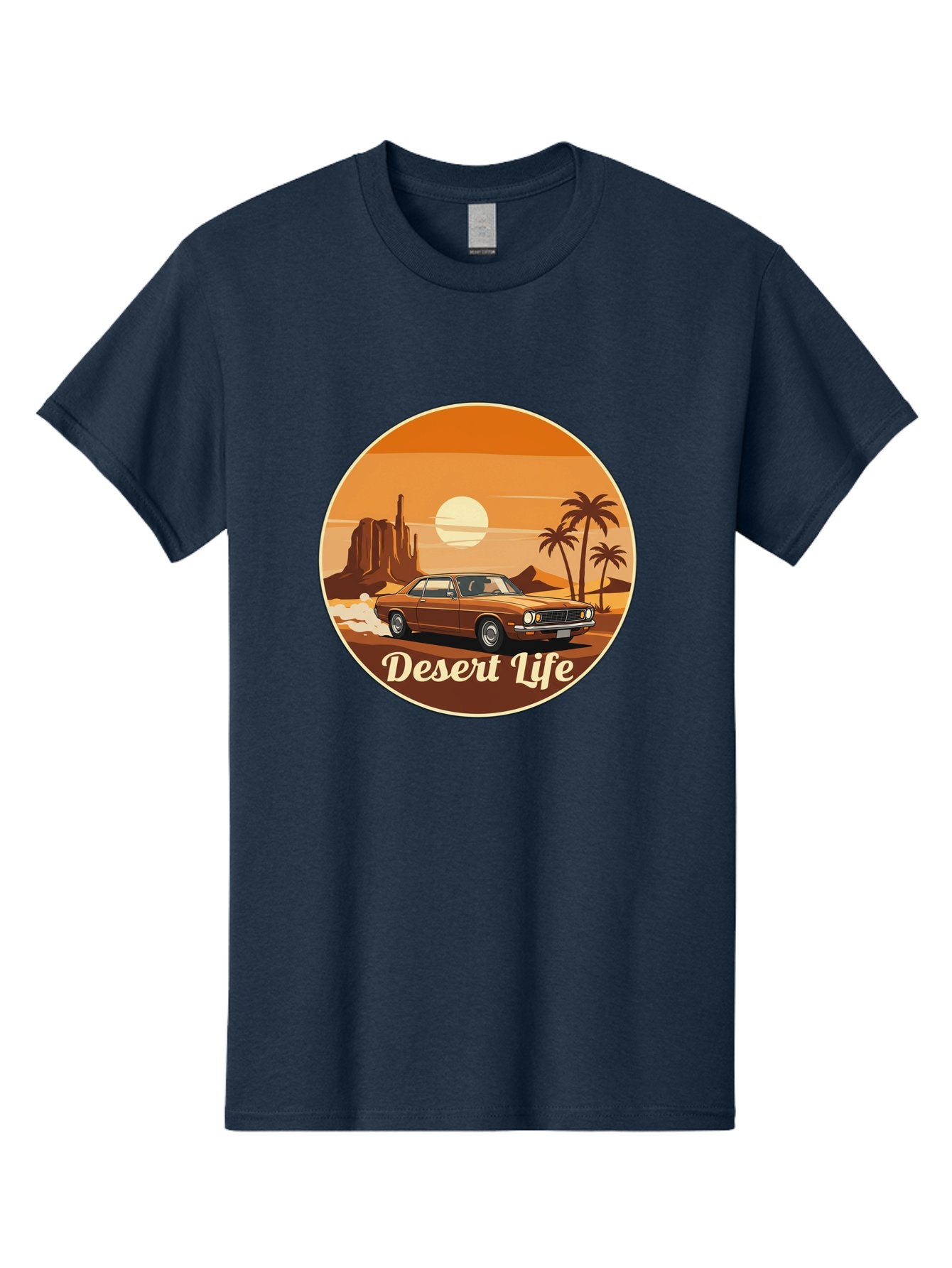 Desert-Life-1 Men'S Graphic Tee, 100% Cotton, Comfortable Casual Summer Wear, Machine Washable, Vintage Car, Desert Landscape, Rocky Formation, Palm Trees, Sunset, Orange Hues, Classic Automobile, Adventure, Travel, Freedom, Nostalgia, Bac987 8