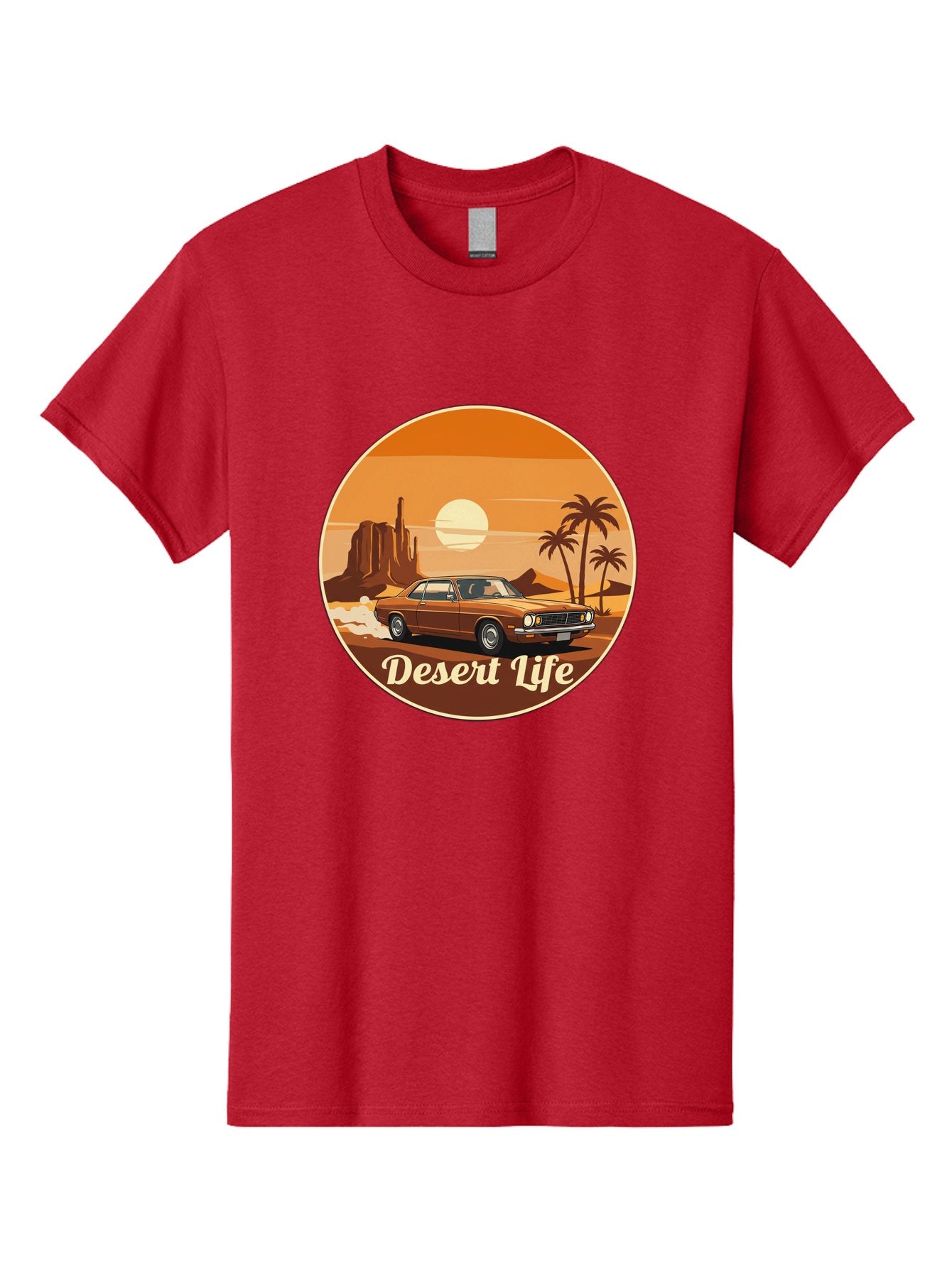 Desert-Life-1 Men'S Graphic Tee, 100% Cotton, Comfortable Casual Summer Wear, Machine Washable, Vintage Car, Desert Landscape, Rocky Formation, Palm Trees, Sunset, Orange Hues, Classic Automobile, Adventure, Travel, Freedom, Nostalgia, Bac987 15