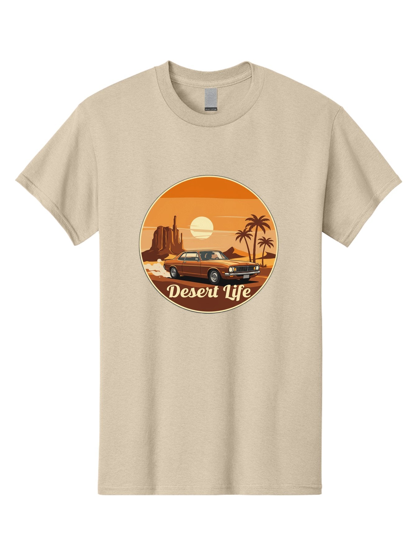 Desert-Life-1 Men'S Graphic Tee, 100% Cotton, Comfortable Casual Summer Wear, Machine Washable, Vintage Car, Desert Landscape, Rocky Formation, Palm Trees, Sunset, Orange Hues, Classic Automobile, Adventure, Travel, Freedom, Nostalgia, Bac987