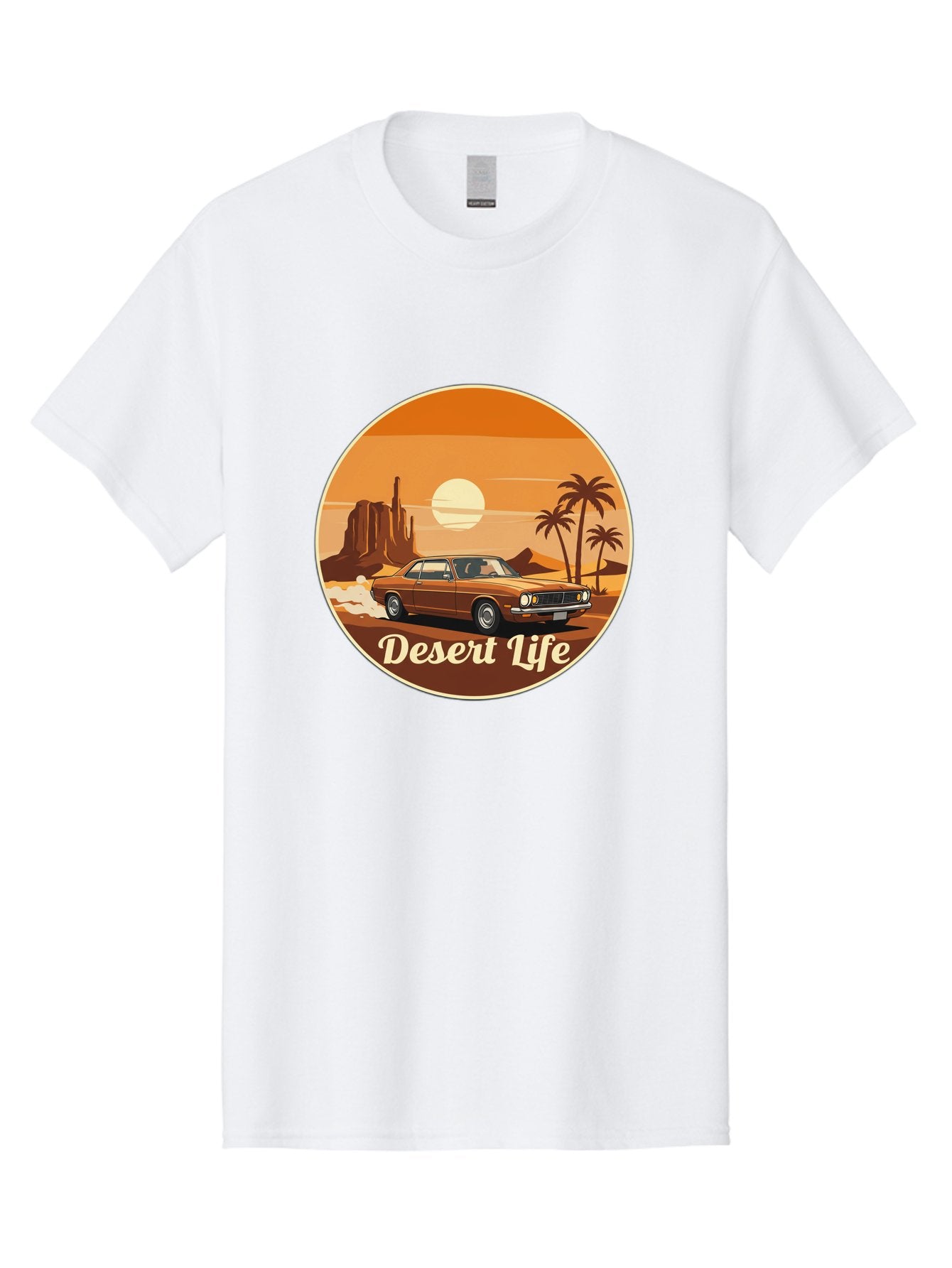 Desert-Life-1 Men'S Graphic Tee, 100% Cotton, Comfortable Casual Summer Wear, Machine Washable, Vintage Car, Desert Landscape, Rocky Formation, Palm Trees, Sunset, Orange Hues, Classic Automobile, Adventure, Travel, Freedom, Nostalgia, Bac987 13