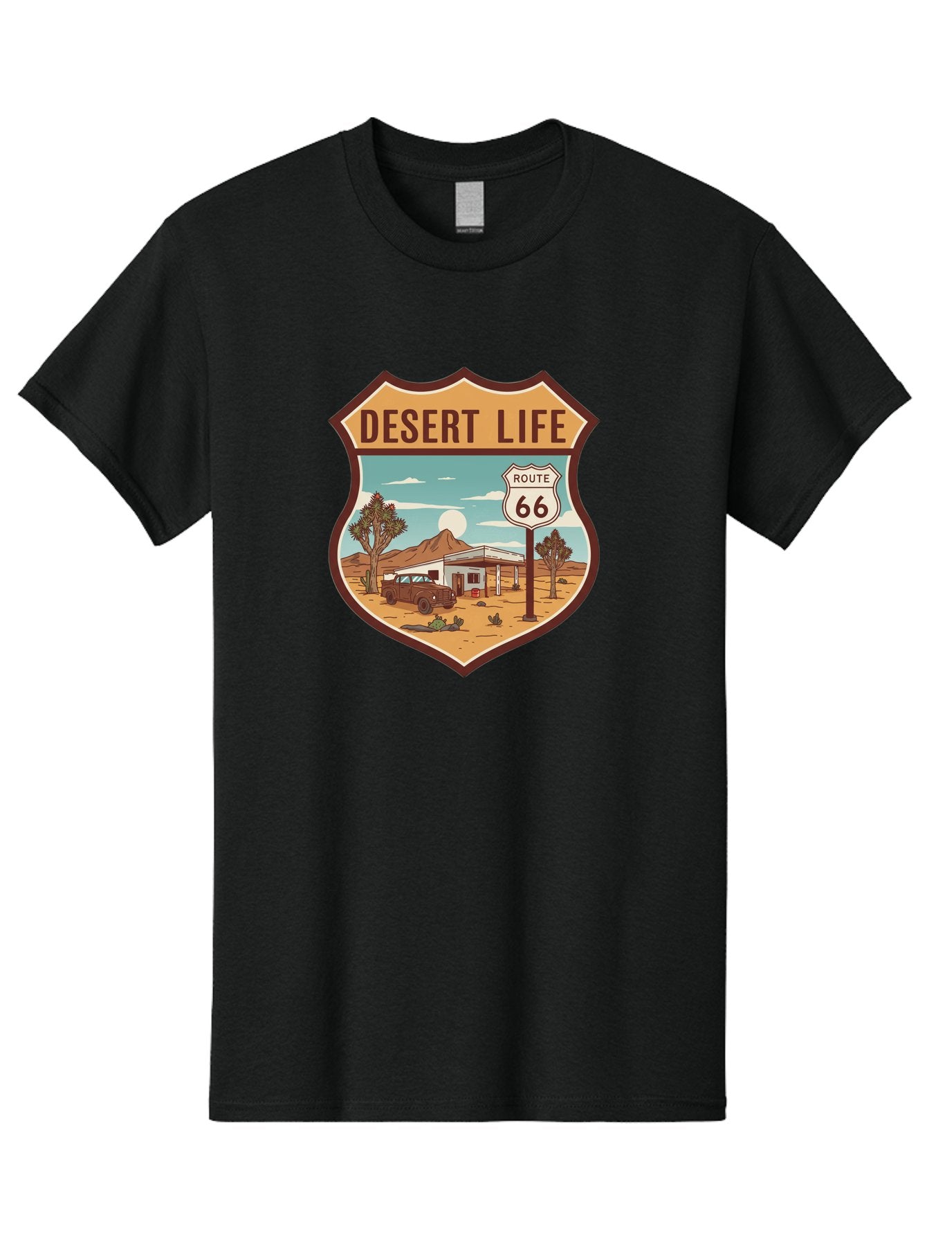 Desert-Life-2 Men'S Graphic Tee, 100% Cotton, Comfortable Casual Summer Wear, Machine Washable, Route 66, Desert Landscape, Vintage Truck, Retro-Style, Road Trip Adventure, Vintage Car, Route 66 Sign, Cacti, Mountains, Open Road, Bac988 6