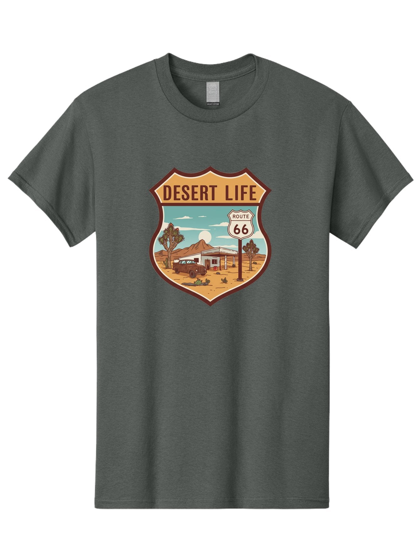 Desert-Life-2 Men'S Graphic Tee, 100% Cotton, Comfortable Casual Summer Wear, Machine Washable, Route 66, Desert Landscape, Vintage Truck, Retro-Style, Road Trip Adventure, Vintage Car, Route 66 Sign, Cacti, Mountains, Open Road, Bac988 13