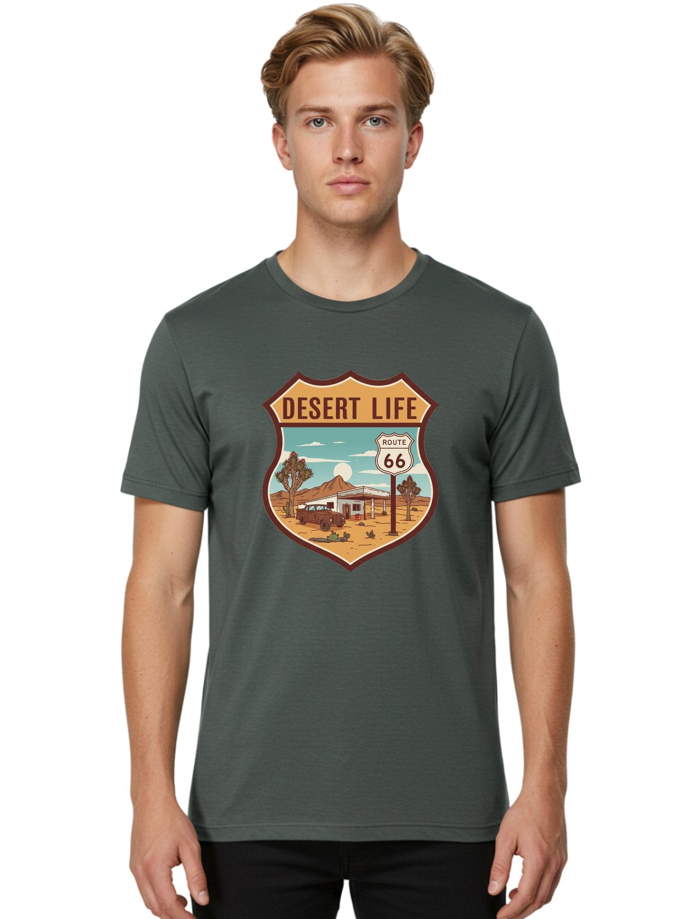Desert-Life-2 Men'S Graphic Tee, 100% Cotton, Comfortable Casual Summer Wear, Machine Washable, Route 66, Desert Landscape, Vintage Truck, Retro-Style, Road Trip Adventure, Vintage Car, Route 66 Sign, Cacti, Mountains, Open Road, Bac988 20