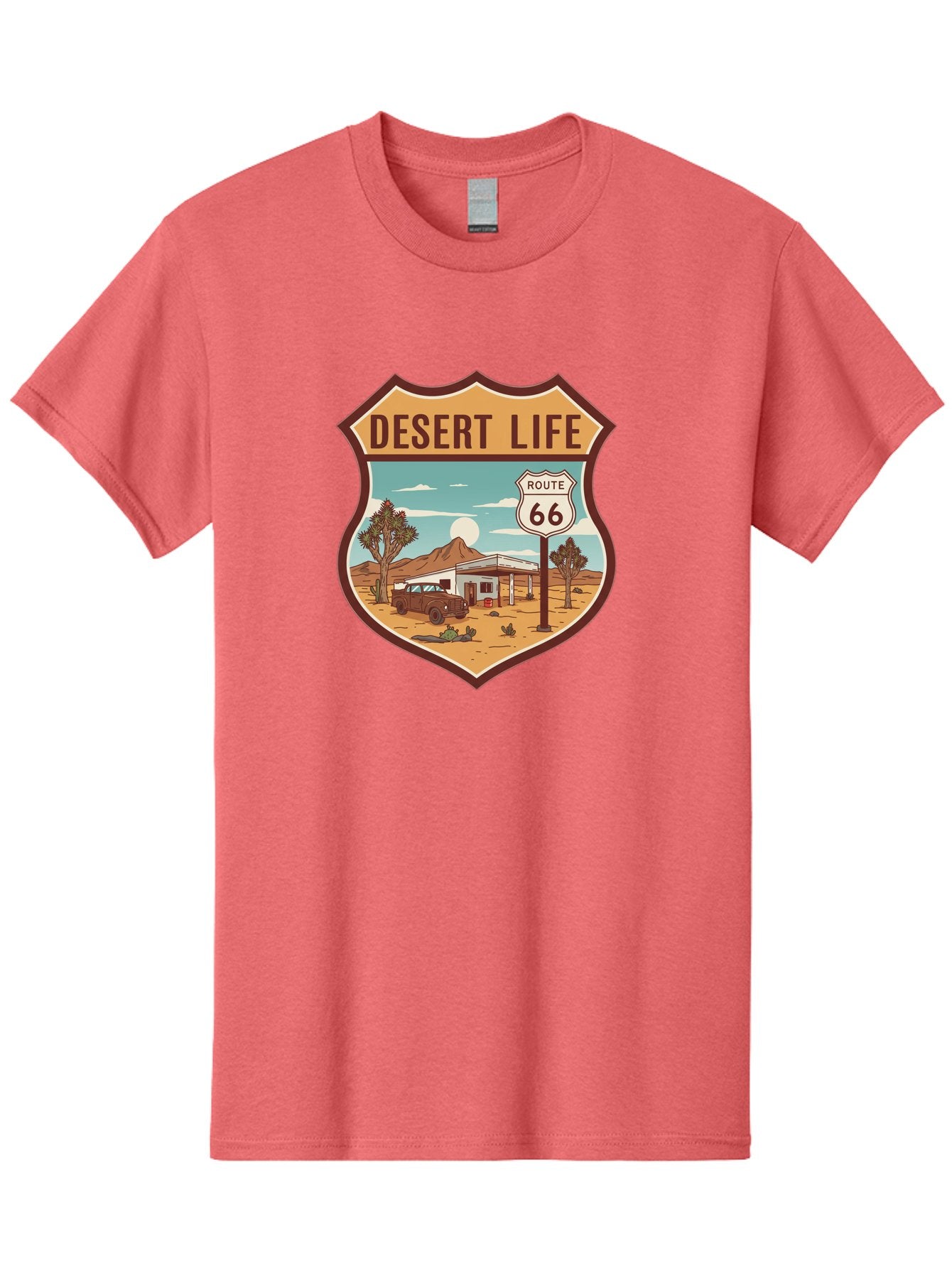 Desert-Life-2 Men'S Graphic Tee, 100% Cotton, Comfortable Casual Summer Wear, Machine Washable, Route 66, Desert Landscape, Vintage Truck, Retro-Style, Road Trip Adventure, Vintage Car, Route 66 Sign, Cacti, Mountains, Open Road, Bac988