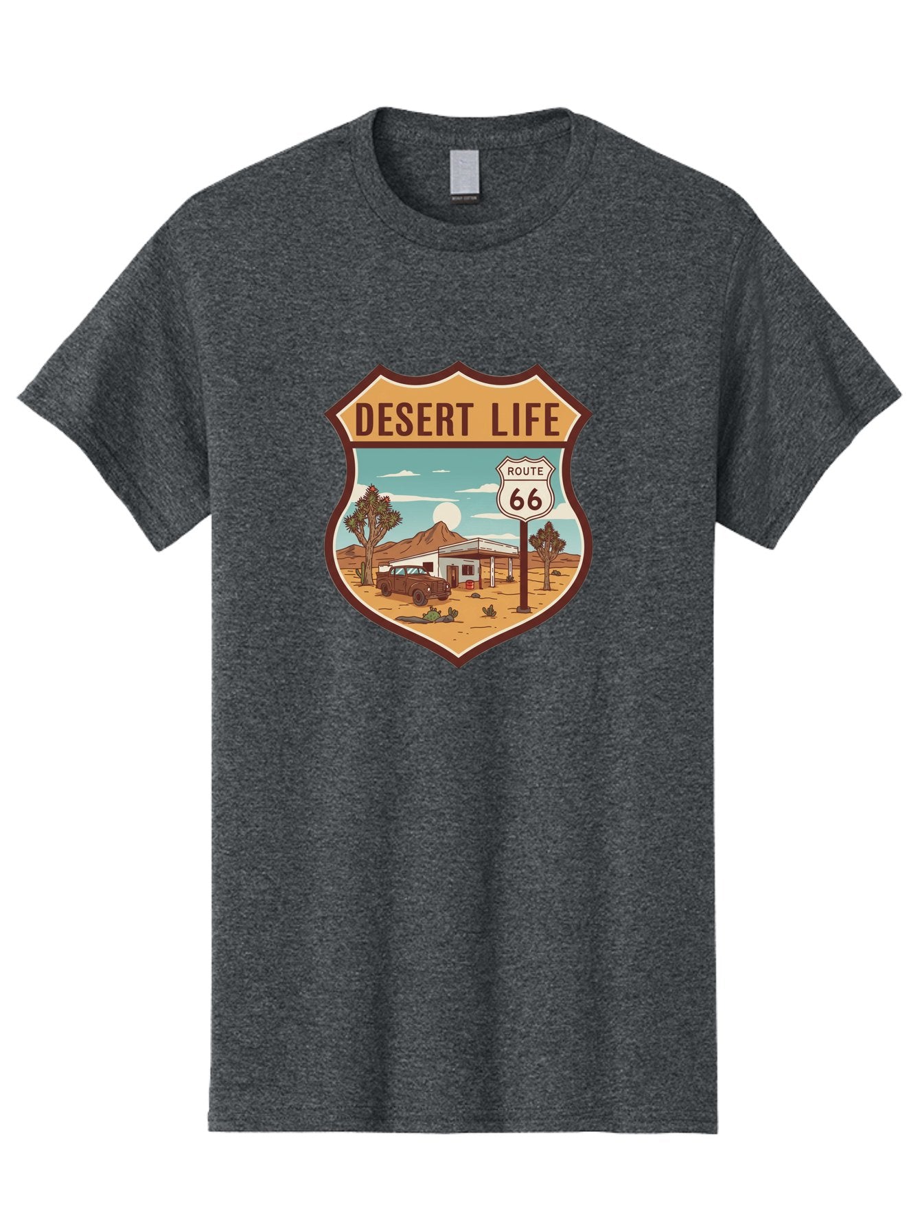 Desert-Life-2 Men'S Graphic Tee, 100% Cotton, Comfortable Casual Summer Wear, Machine Washable, Route 66, Desert Landscape, Vintage Truck, Retro-Style, Road Trip Adventure, Vintage Car, Route 66 Sign, Cacti, Mountains, Open Road, Bac988 4