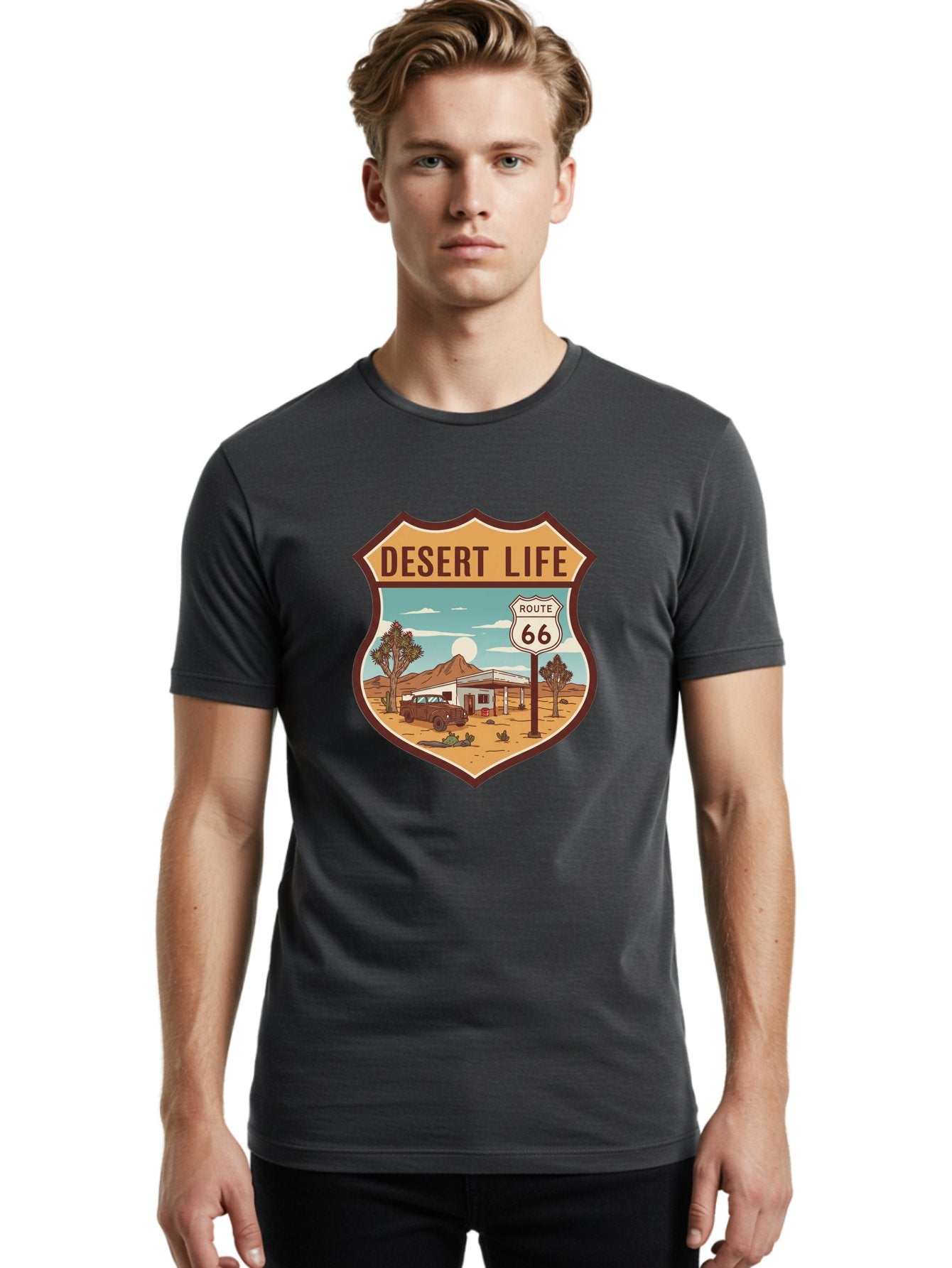 Desert-Life-2 Men'S Graphic Tee, 100% Cotton, Comfortable Casual Summer Wear, Machine Washable, Route 66, Desert Landscape, Vintage Truck, Retro-Style, Road Trip Adventure, Vintage Car, Route 66 Sign, Cacti, Mountains, Open Road, Bac988 18