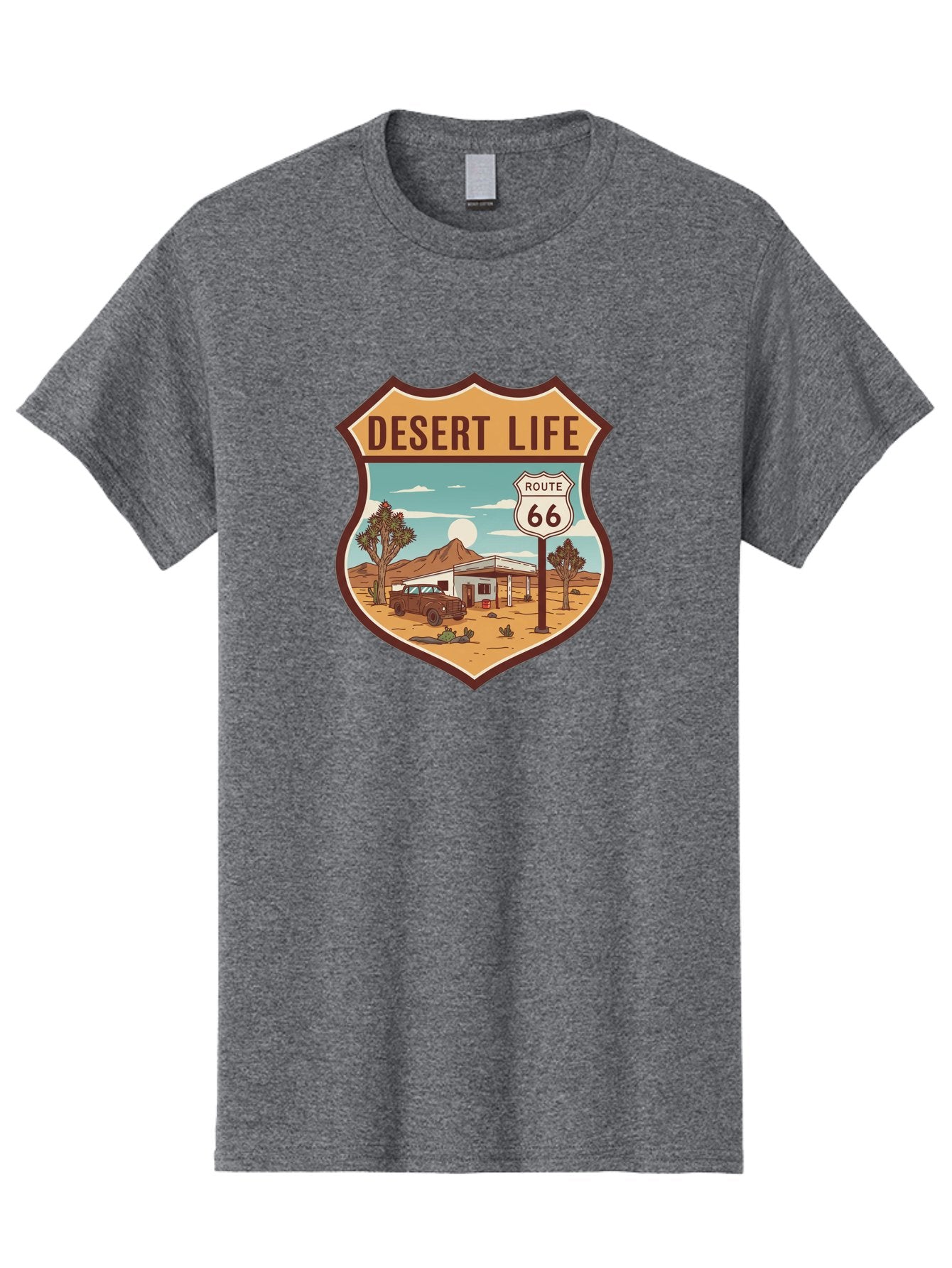 Desert-Life-2 Men'S Graphic Tee, 100% Cotton, Comfortable Casual Summer Wear, Machine Washable, Route 66, Desert Landscape, Vintage Truck, Retro-Style, Road Trip Adventure, Vintage Car, Route 66 Sign, Cacti, Mountains, Open Road, Bac988 12