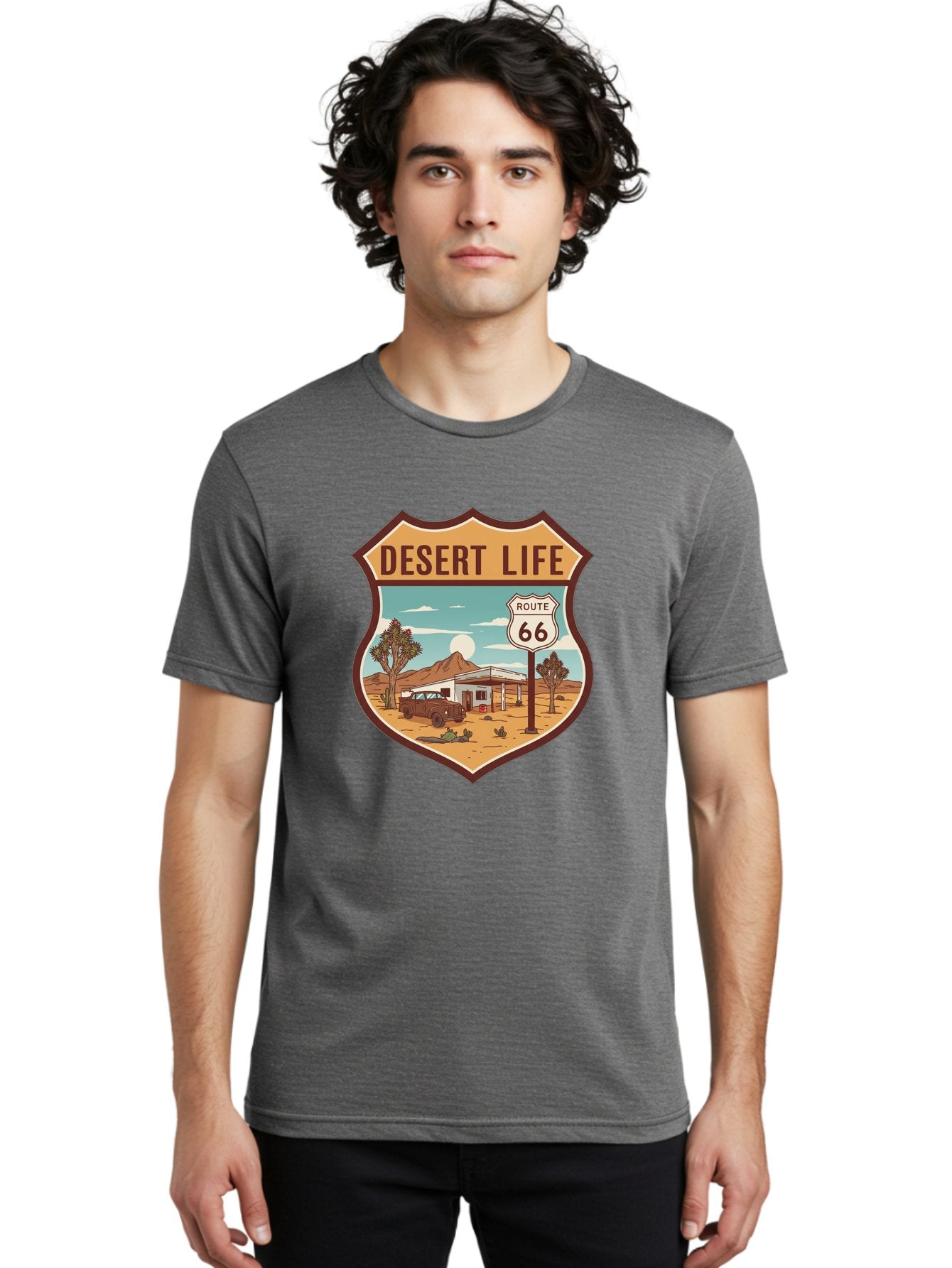 Desert-Life-2 Men'S Graphic Tee, 100% Cotton, Comfortable Casual Summer Wear, Machine Washable, Route 66, Desert Landscape, Vintage Truck, Retro-Style, Road Trip Adventure, Vintage Car, Route 66 Sign, Cacti, Mountains, Open Road, Bac988 28